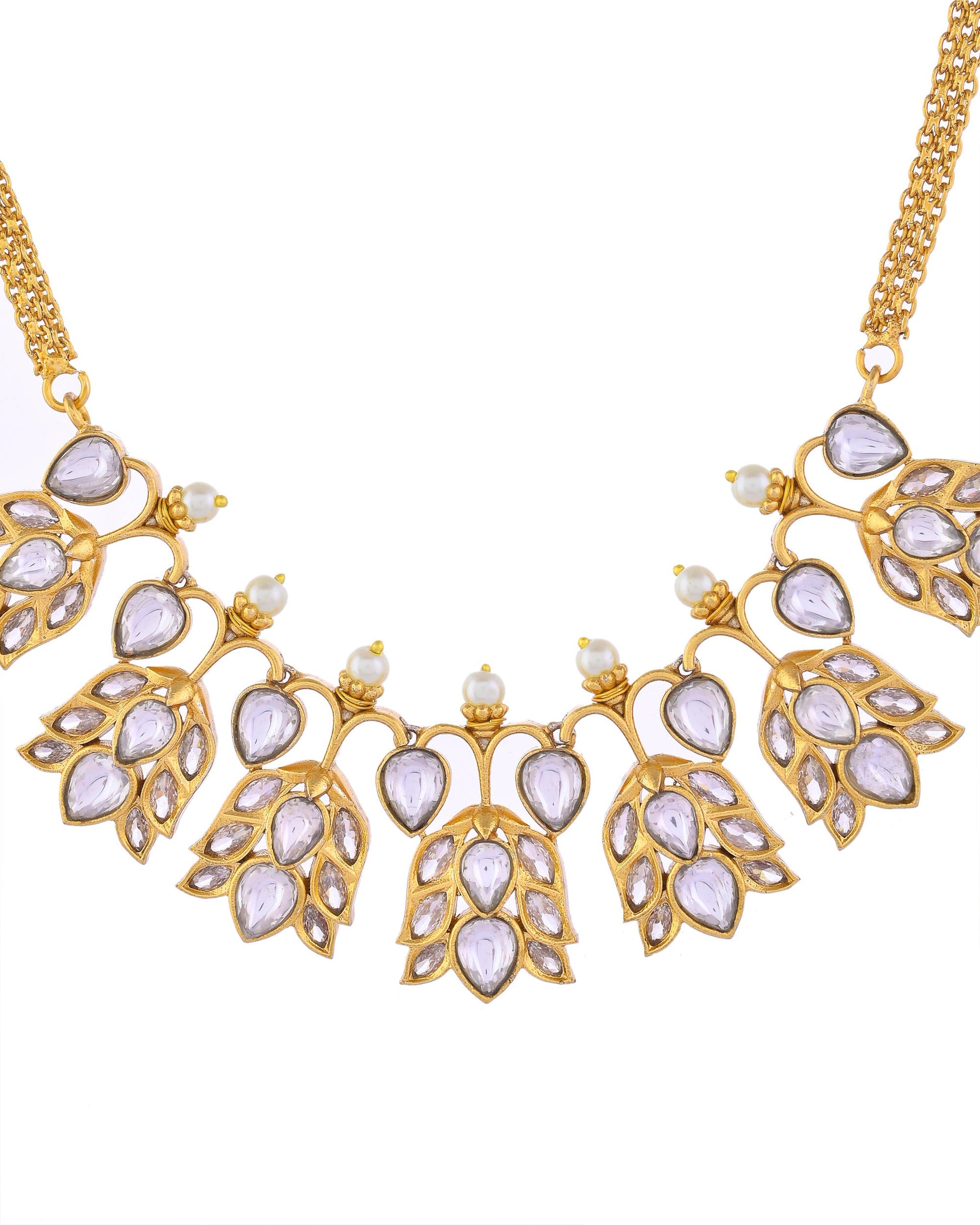 VOJ Gold-Polished Floral Shaped Stone Studded Designer Jewellery Set - Swadesiicart