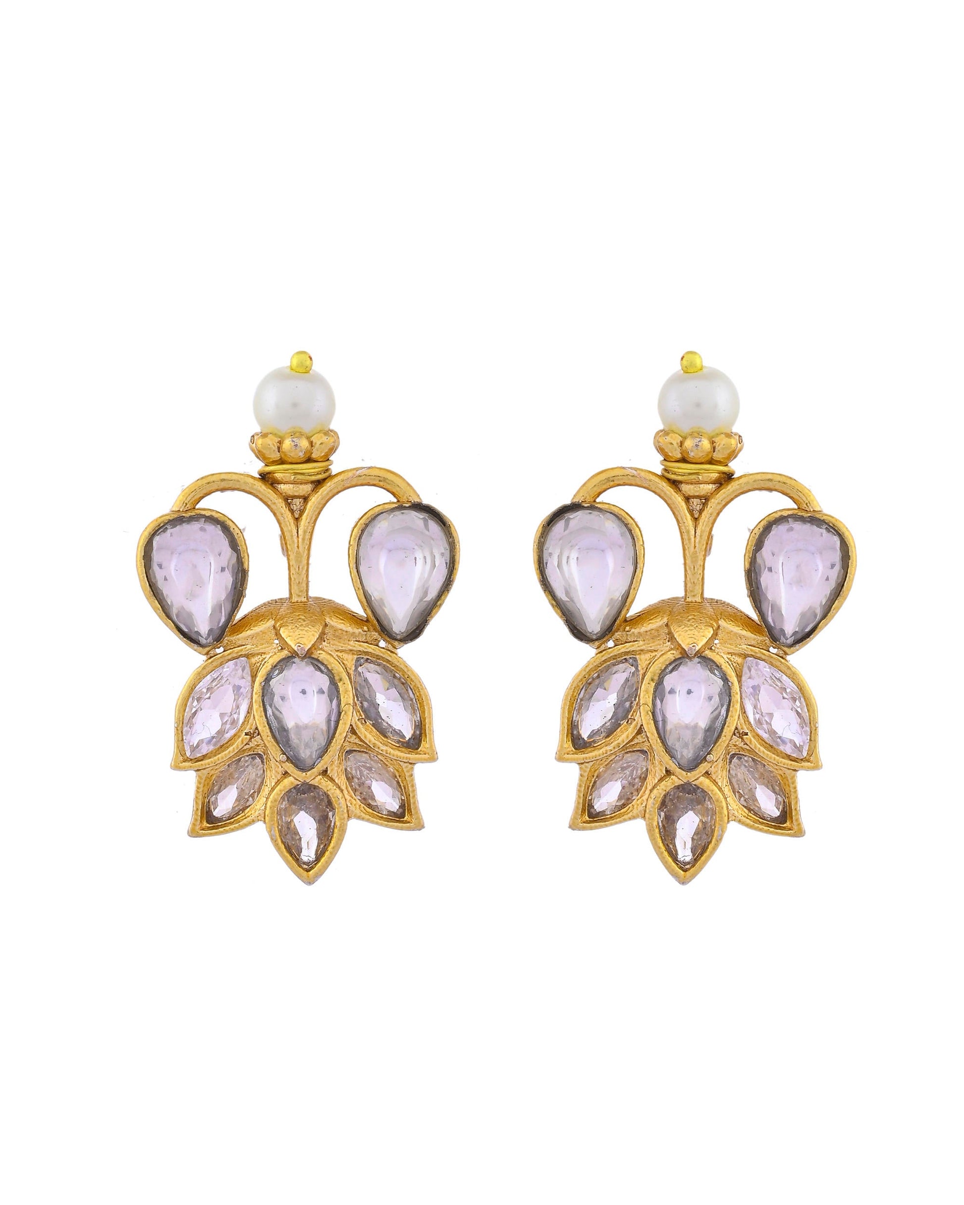 VOJ Gold-Polished Floral Shaped Stone Studded Designer Jewellery Set - Swadesiicart