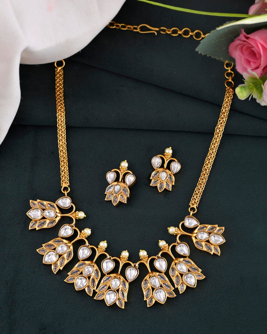 VOJ Gold-Polished Floral Shaped Stone Studded Designer Jewellery Set - Swadesiicart