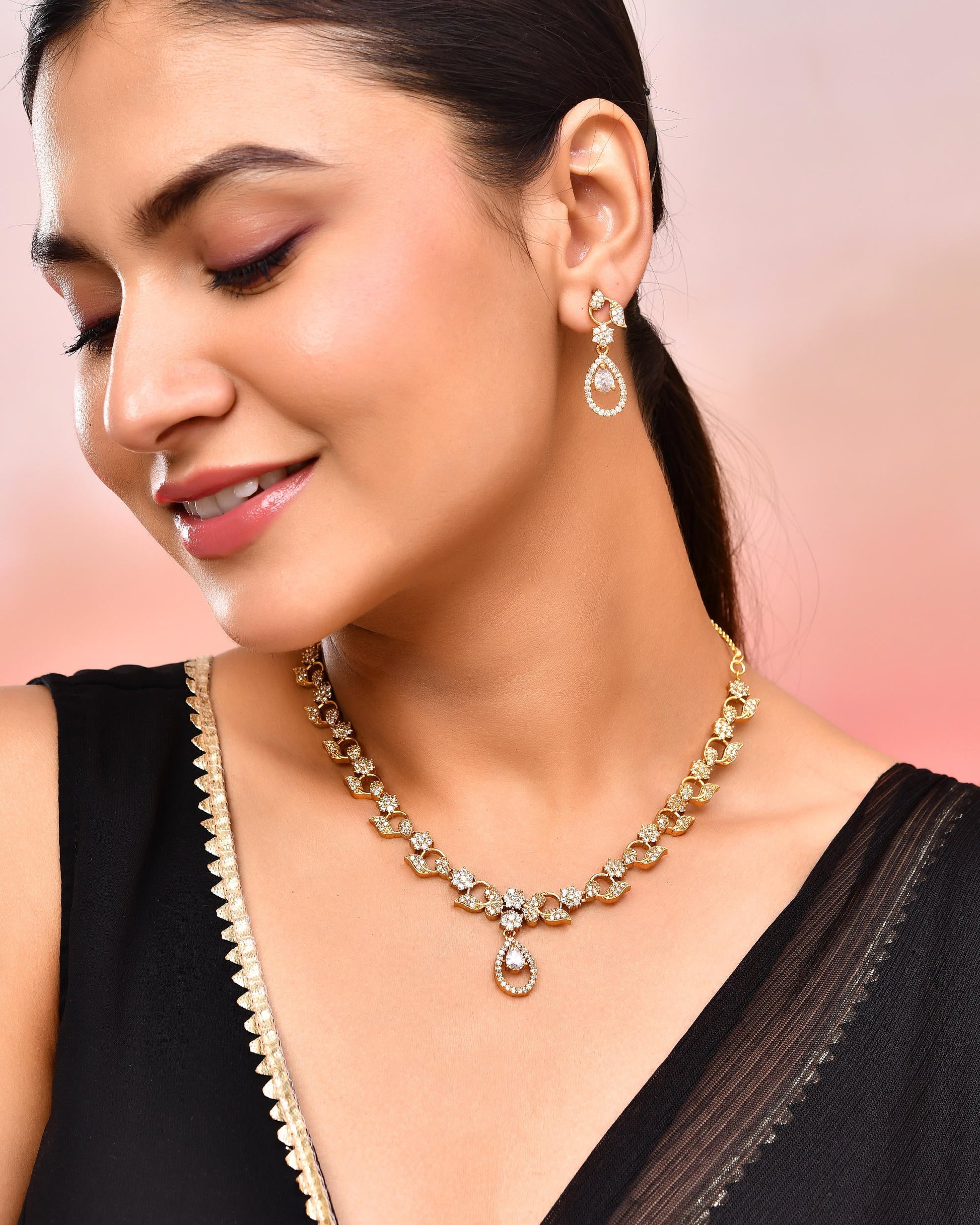 VOJ Gold-Polished Floral Shaped AD Studded Elgent Jewellery Set - Swadesiicart