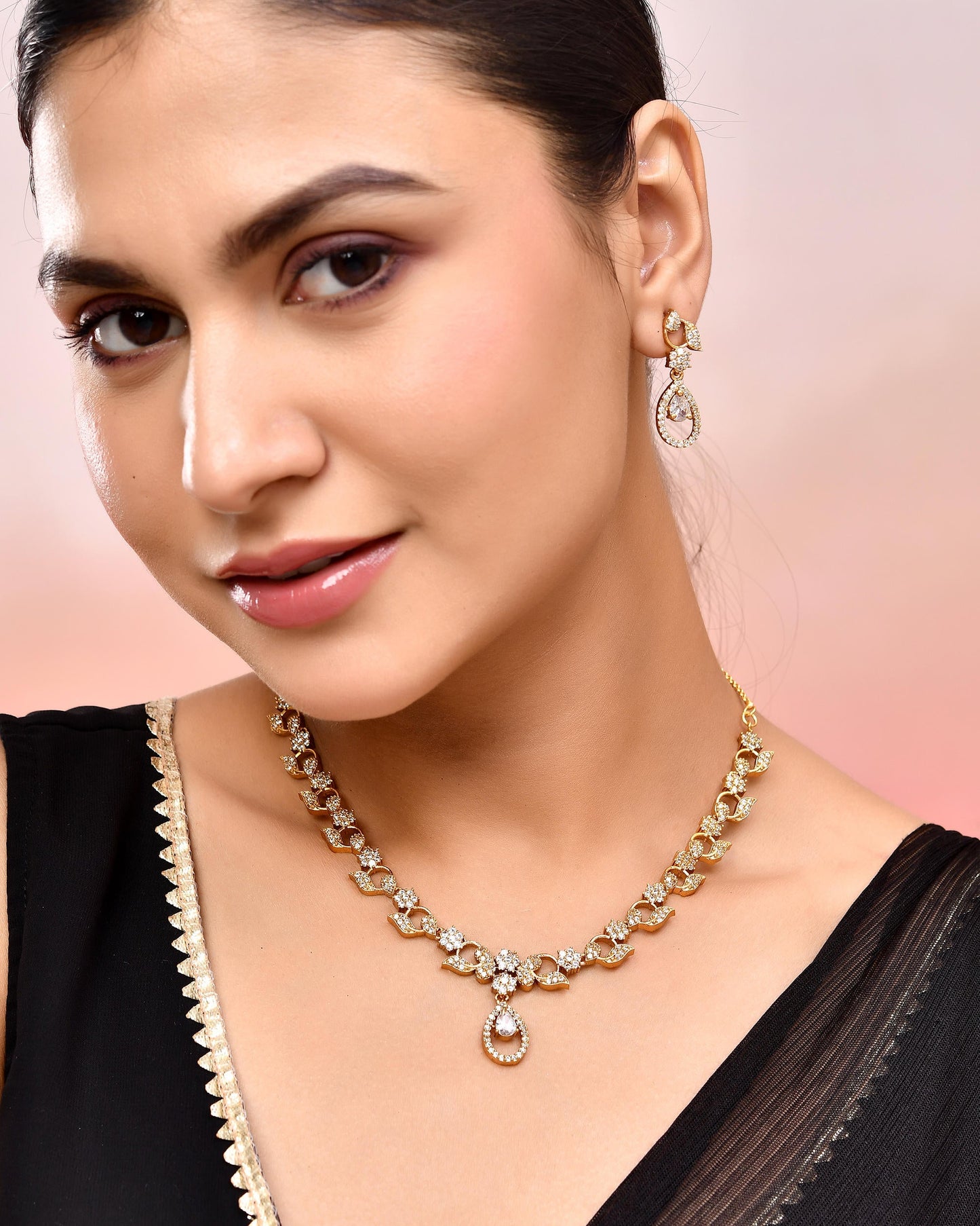 VOJ Gold-Polished Floral Shaped AD Studded Elgent Jewellery Set - Swadesiicart