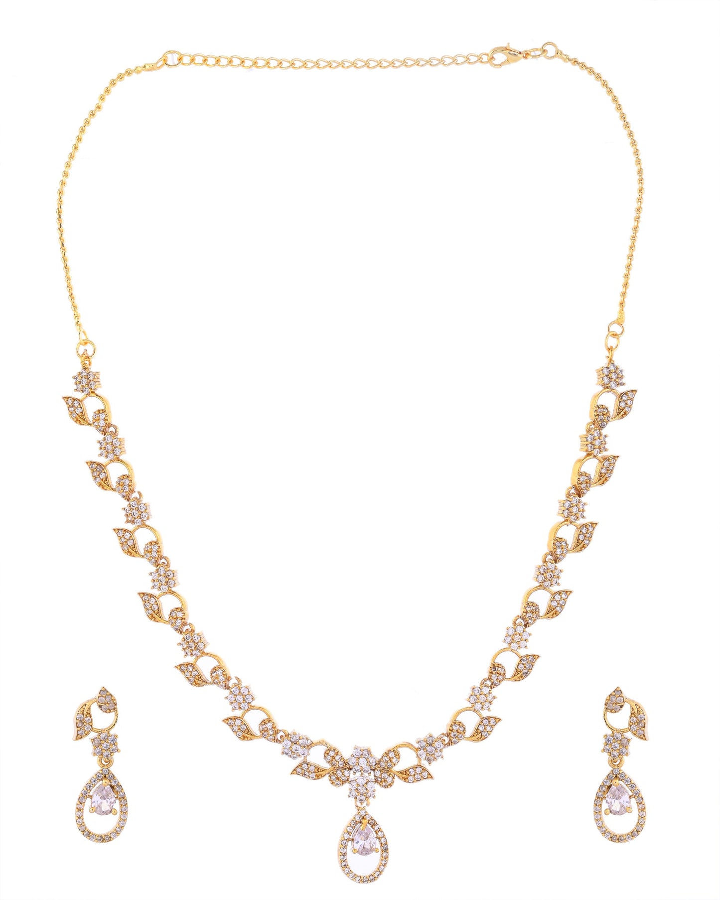 VOJ Gold-Polished Floral Shaped AD Studded Elgent Jewellery Set - Swadesiicart