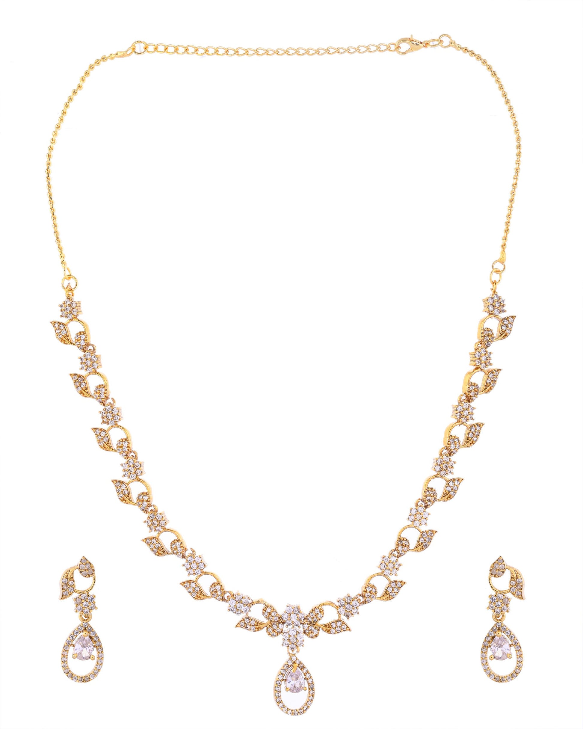 VOJ Gold-Polished Floral Shaped AD Studded Elgent Jewellery Set - Swadesiicart
