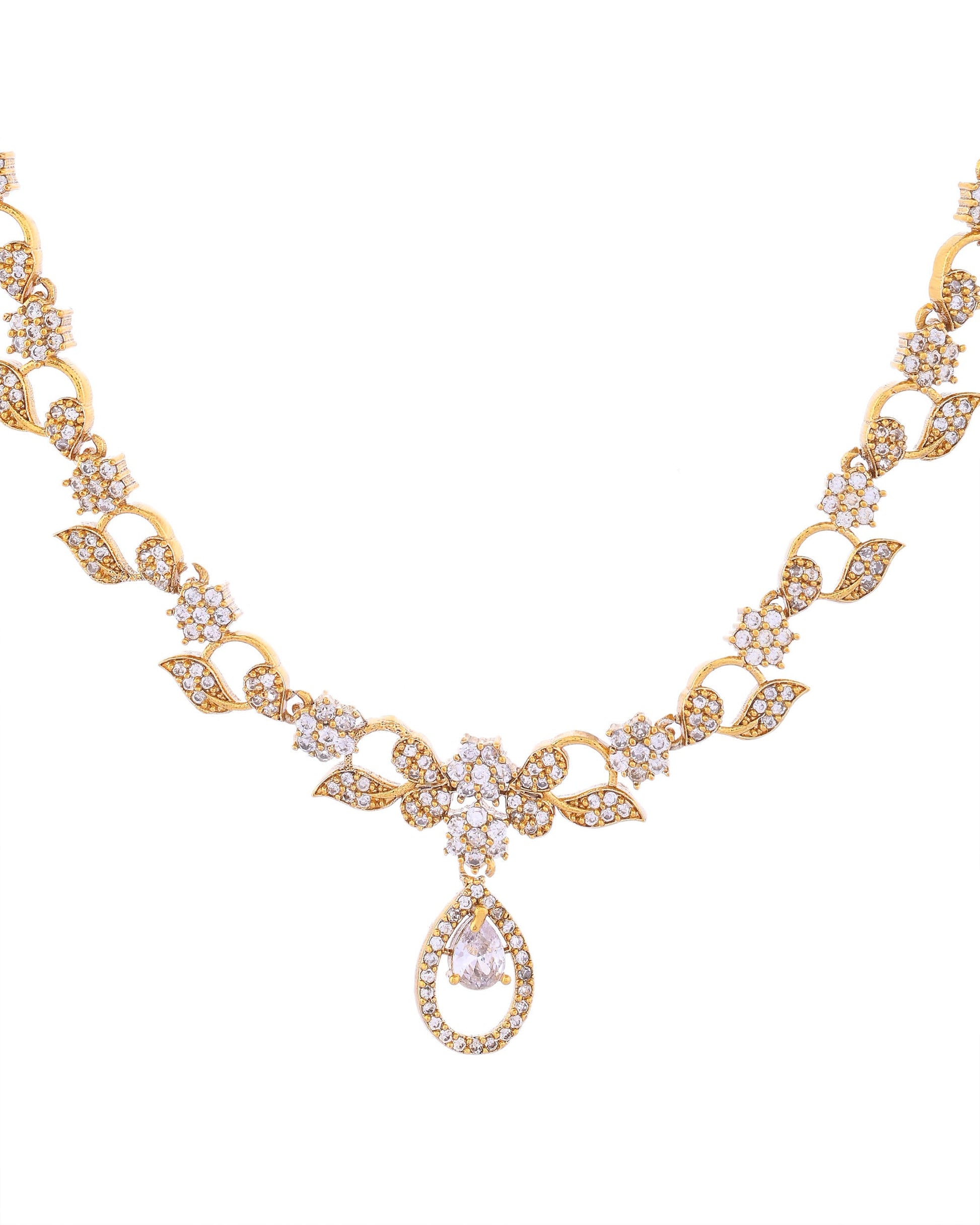 VOJ Gold-Polished Floral Shaped AD Studded Elgent Jewellery Set - Swadesiicart