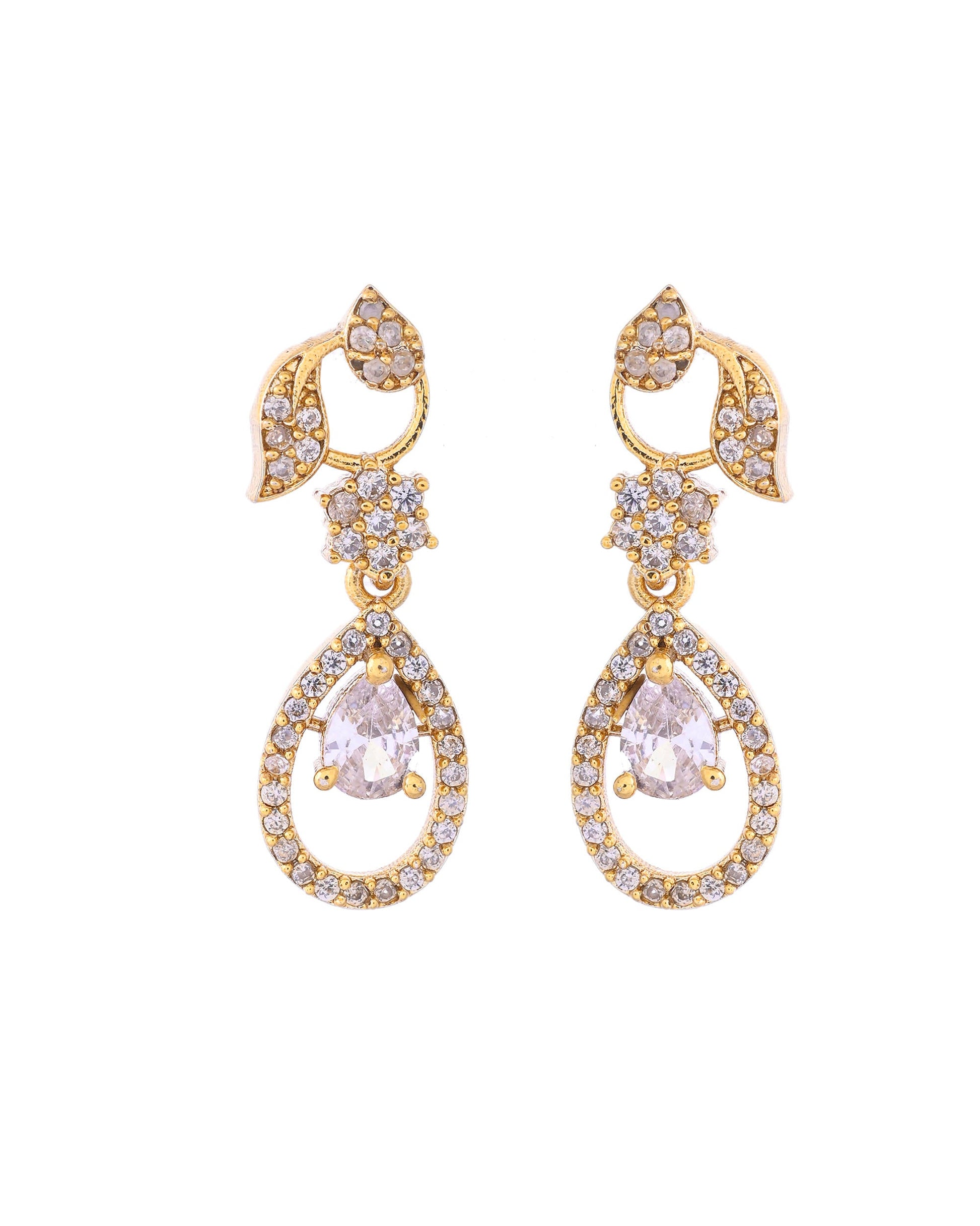 VOJ Gold-Polished Floral Shaped AD Studded Elgent Jewellery Set - Swadesiicart
