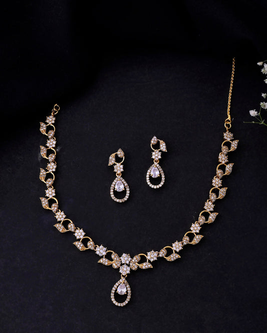 VOJ Gold-Polished Floral Shaped AD Studded Elgent Jewellery Set - Swadesiicart
