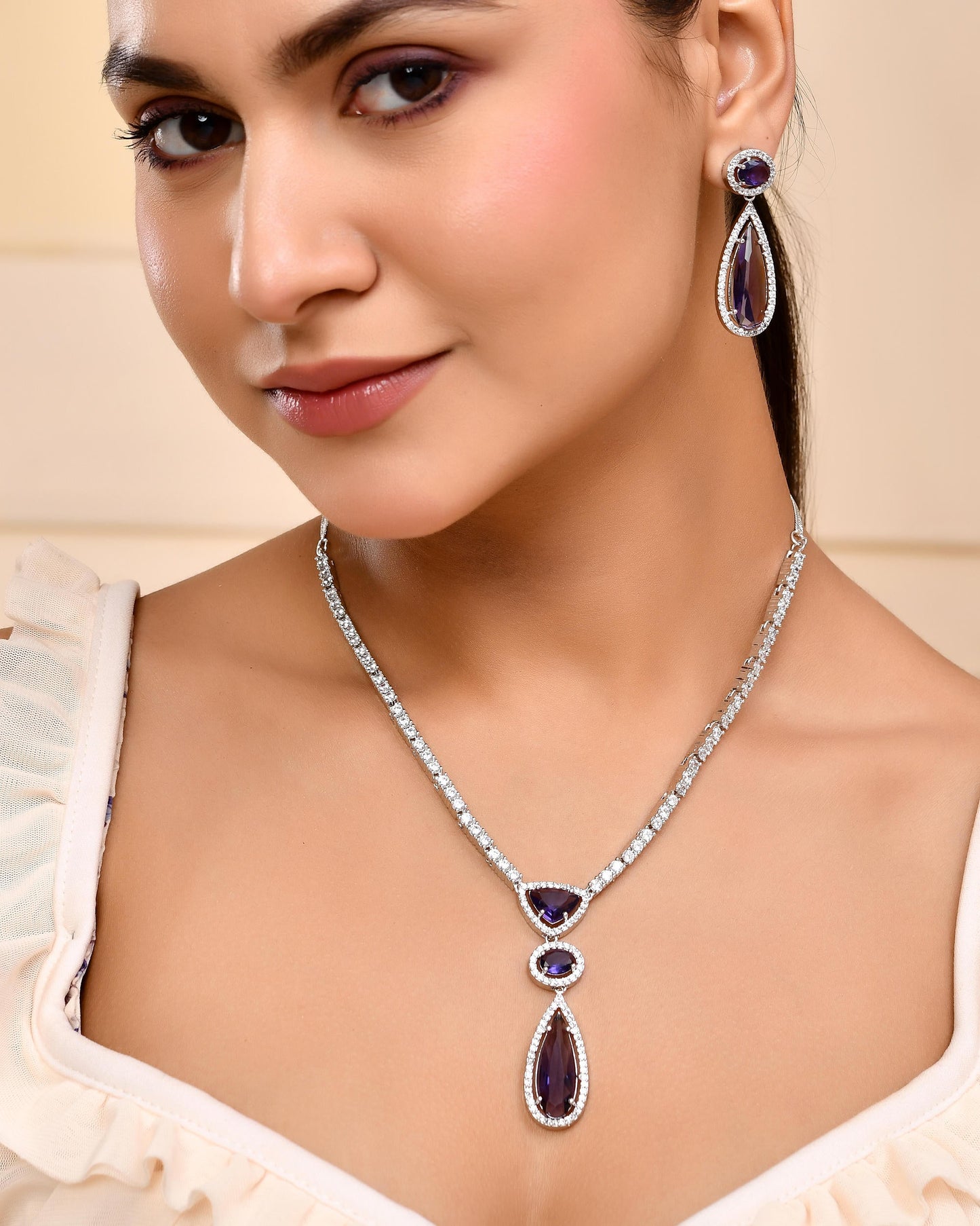 VOJ Silver Plated Purple AD & Cubic Zirconia Studded Necklace Set - Swadesiicart