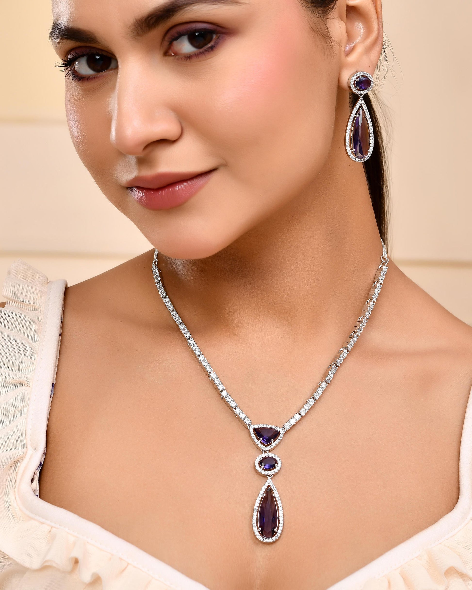 VOJ Silver Plated Purple AD & Cubic Zirconia Studded Necklace Set - Swadesiicart