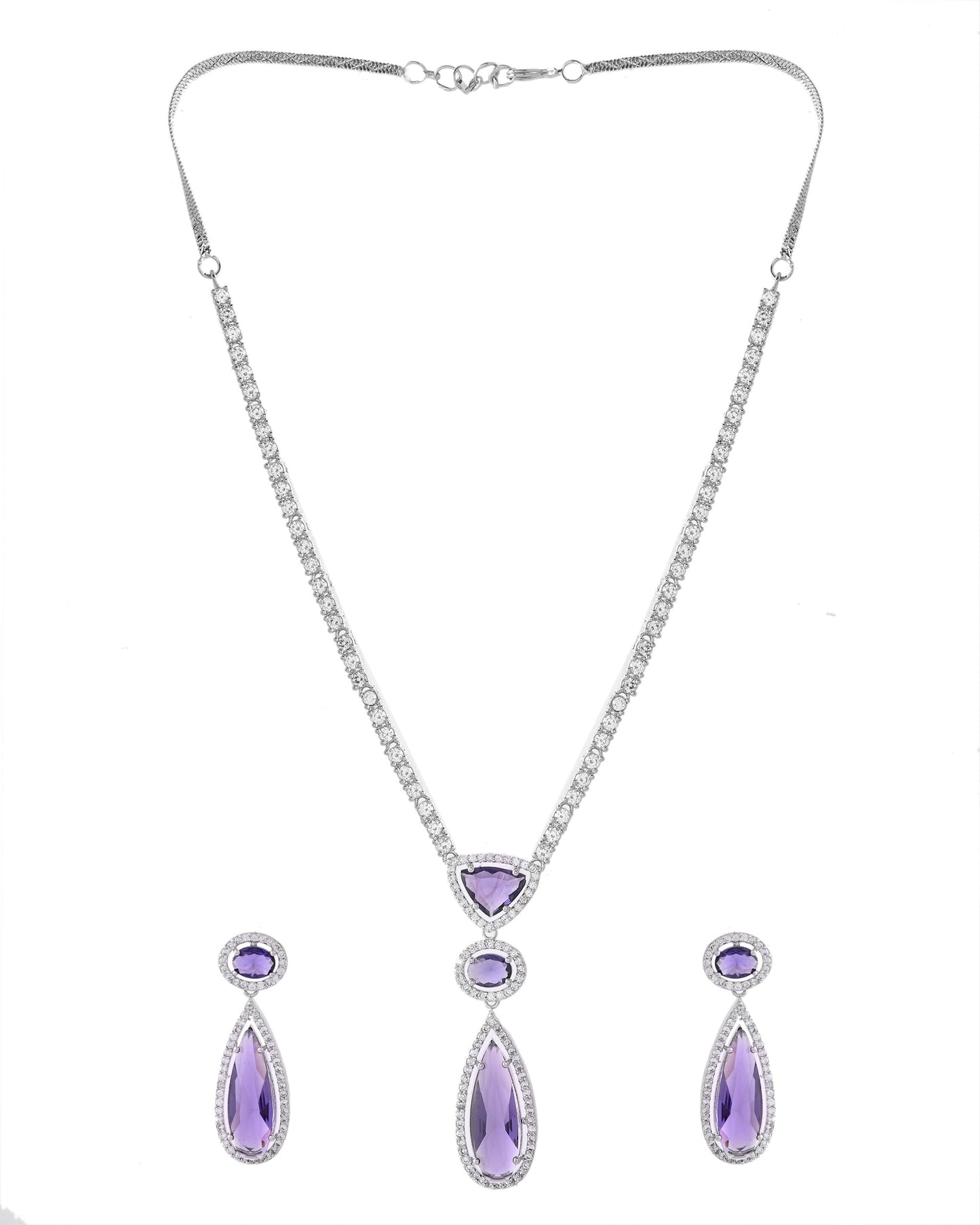 VOJ Silver Plated Purple AD & Cubic Zirconia Studded Necklace Set - Swadesiicart