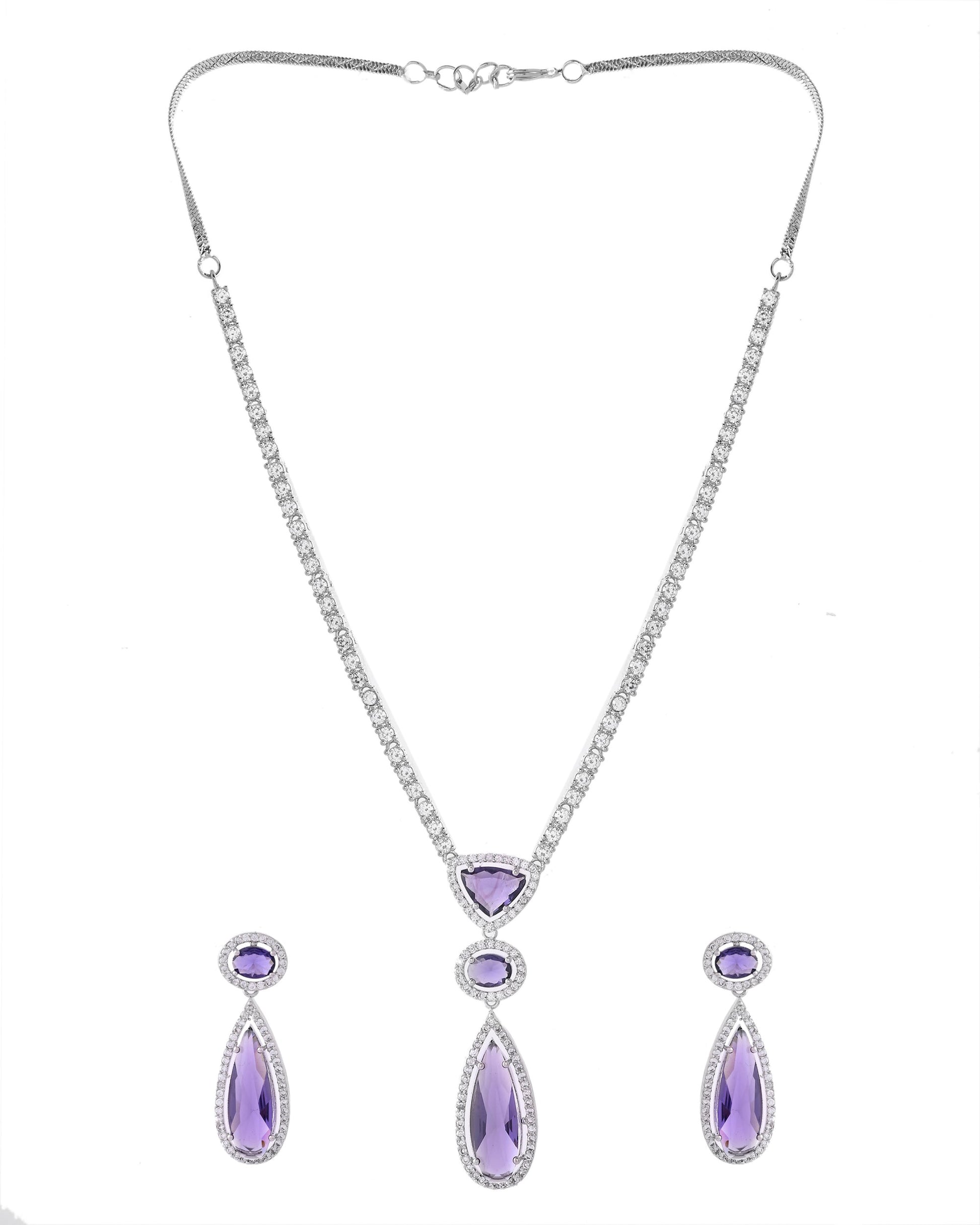 VOJ Silver Plated Purple AD & Cubic Zirconia Studded Necklace Set - Swadesiicart