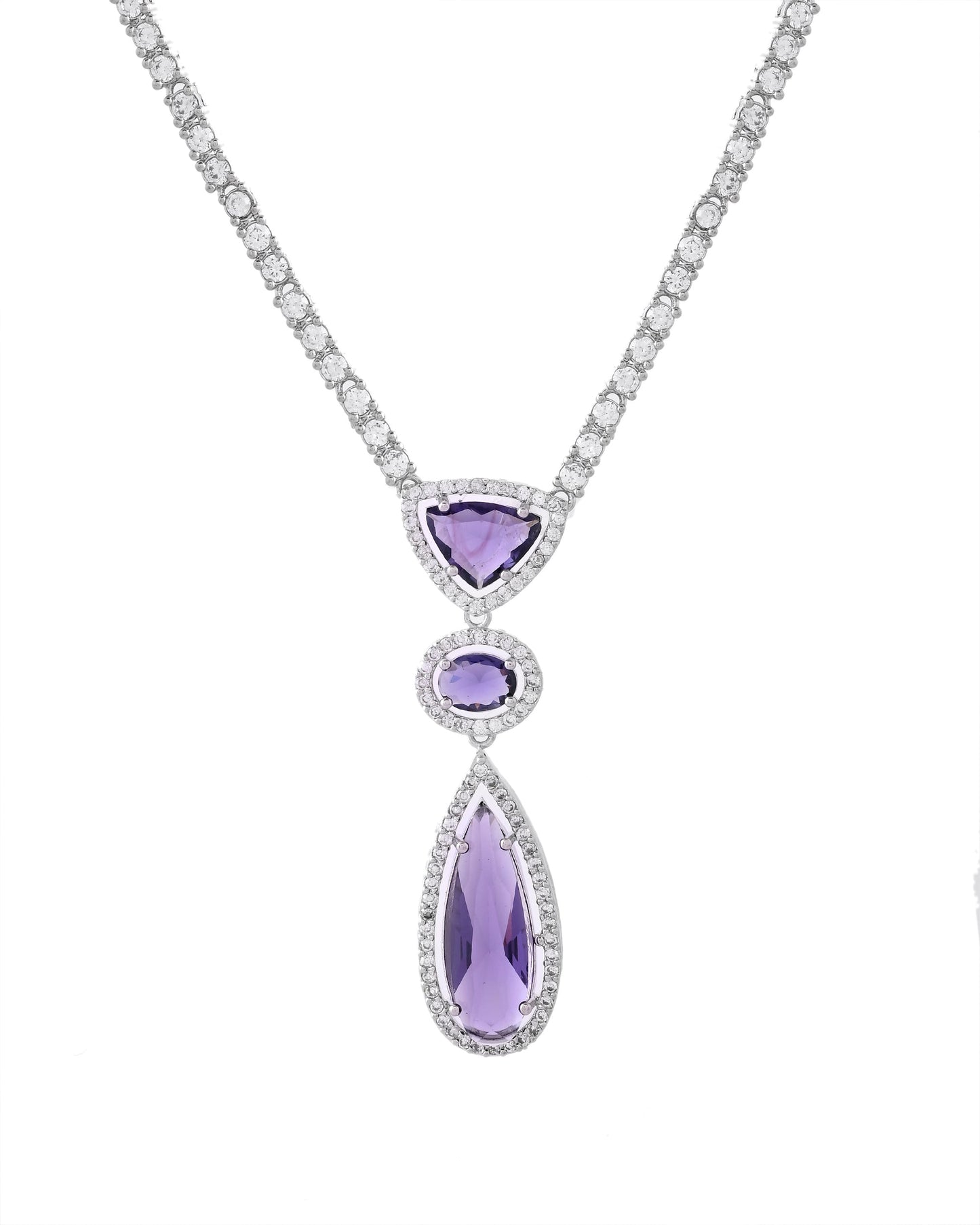 VOJ Silver Plated Purple AD & Cubic Zirconia Studded Necklace Set - Swadesiicart