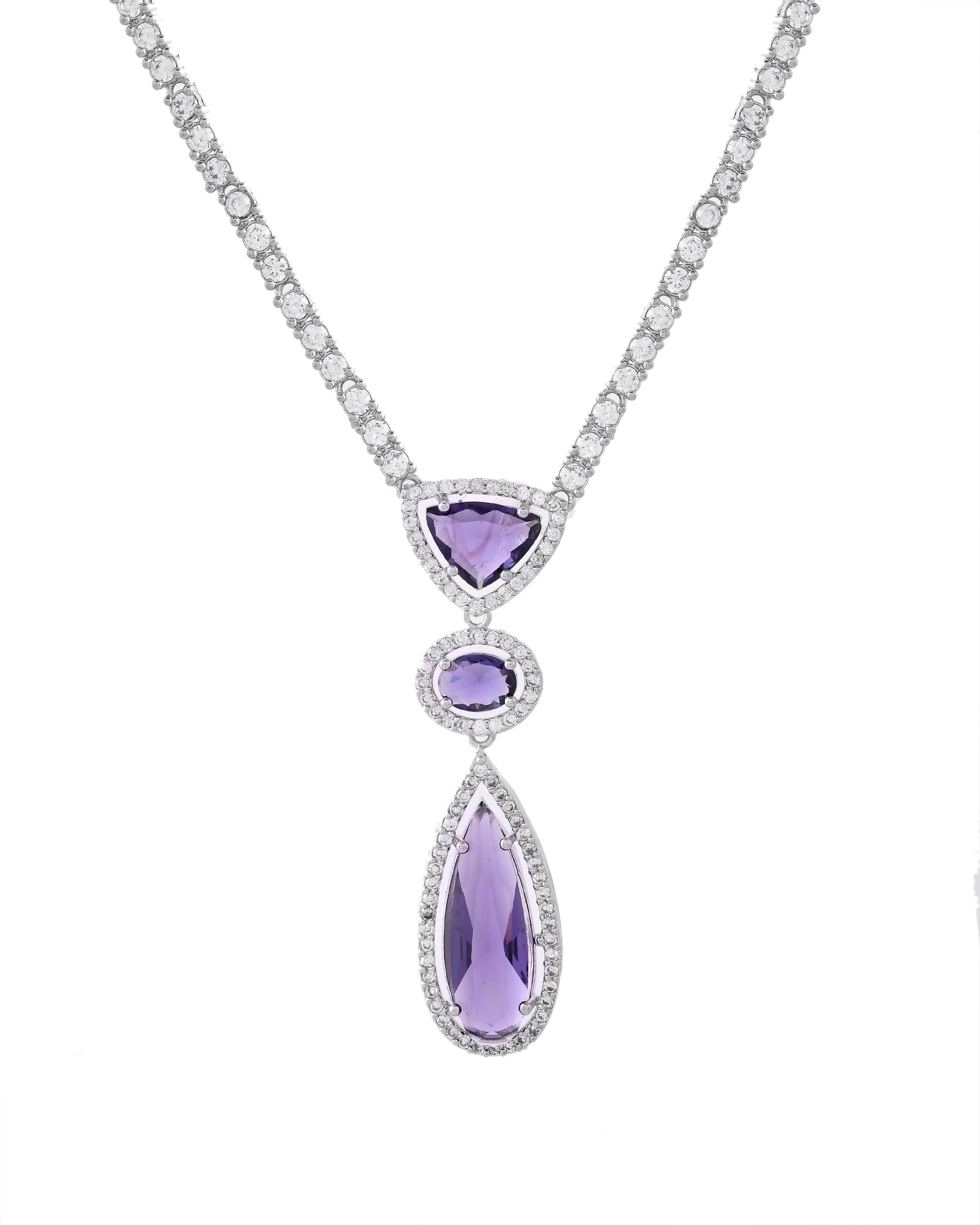 VOJ Silver Plated Purple AD & Cubic Zirconia Studded Necklace Set - Swadesiicart