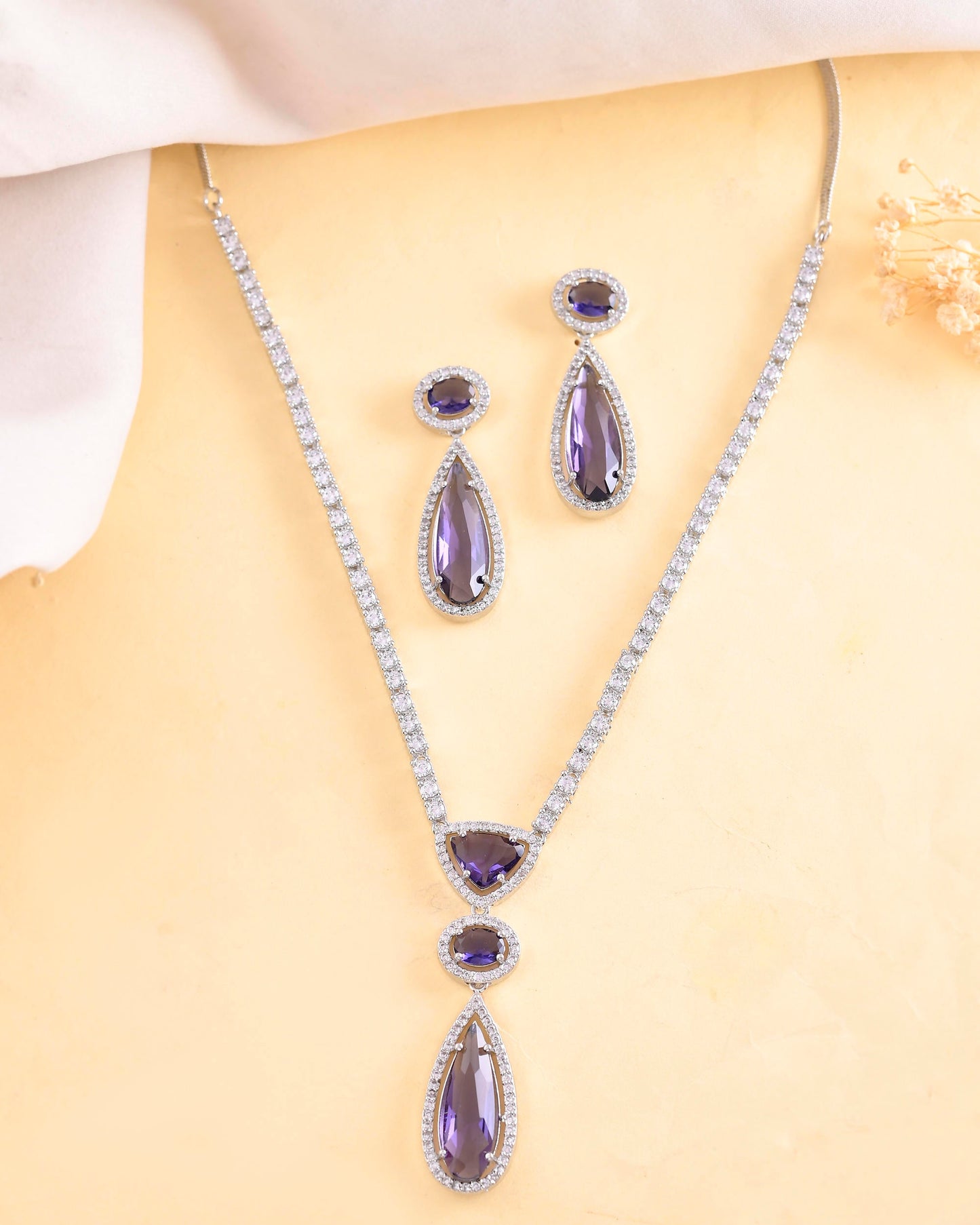 VOJ Silver Plated Purple AD & Cubic Zirconia Studded Necklace Set - Swadesiicart