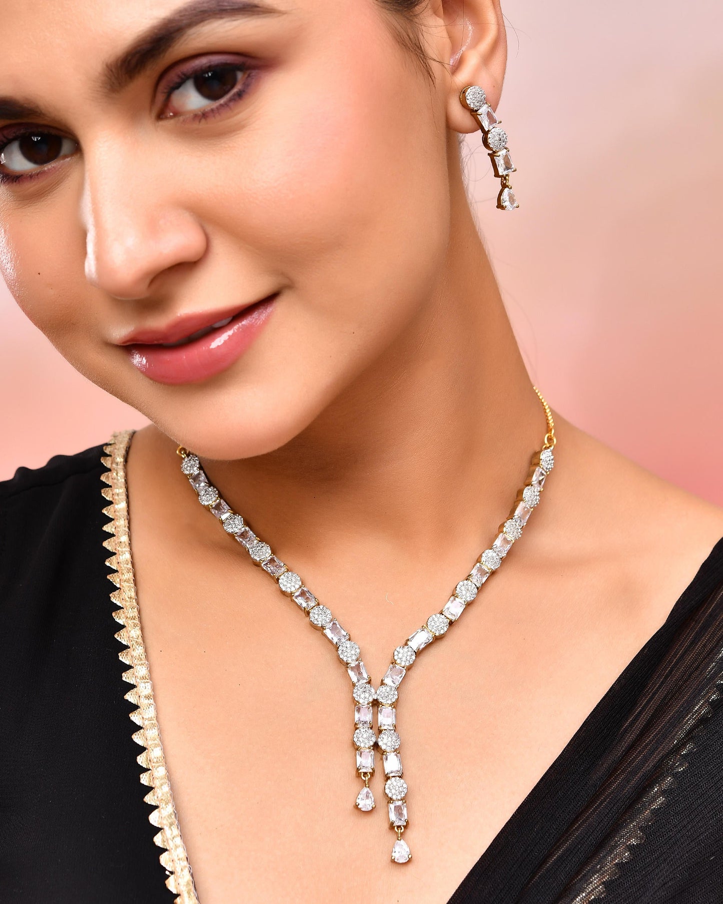 VOJ Gold Toned AD Stone Studded Necklace Set - Swadesiicart