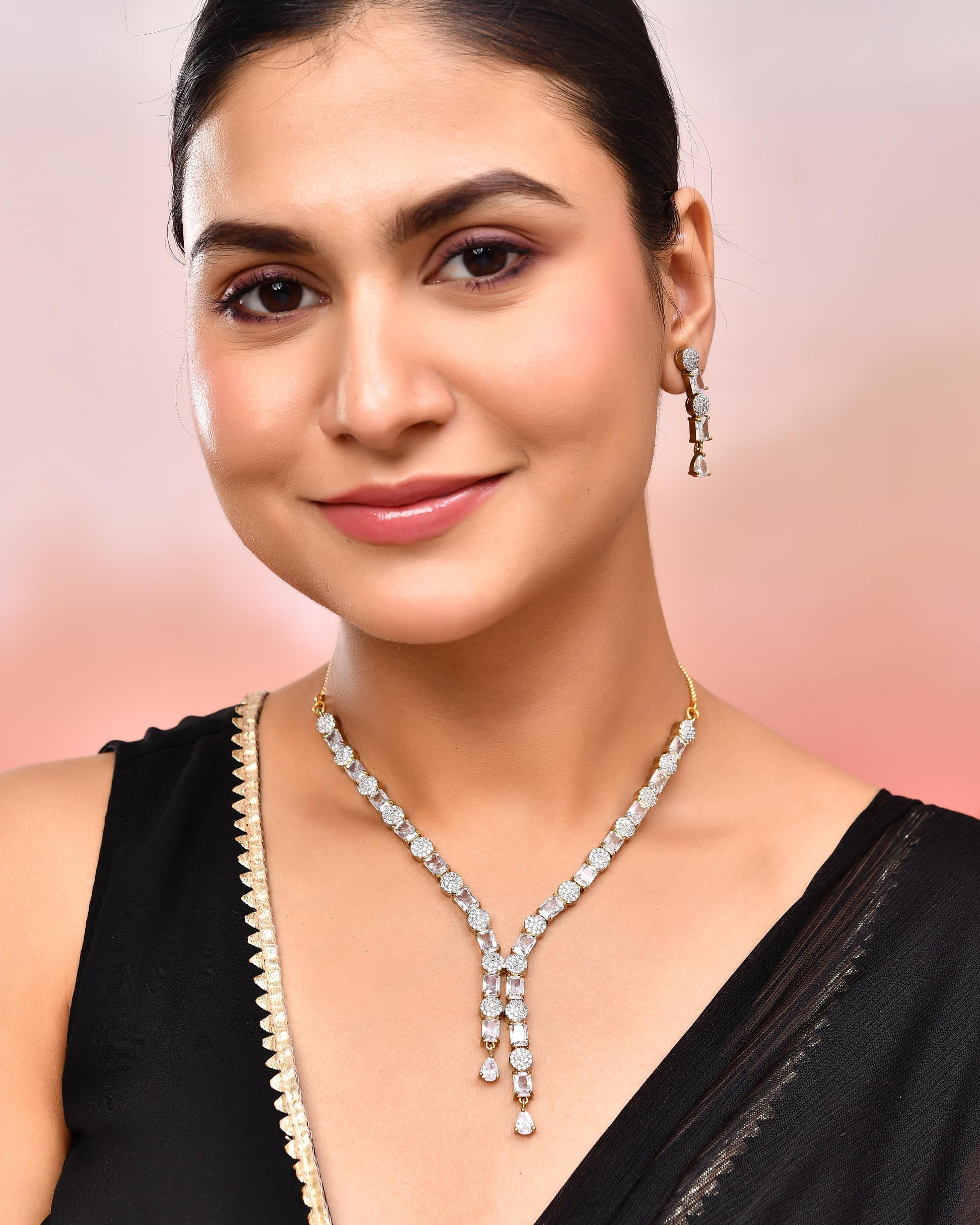 VOJ Gold Toned AD Stone Studded Necklace Set - Swadesiicart