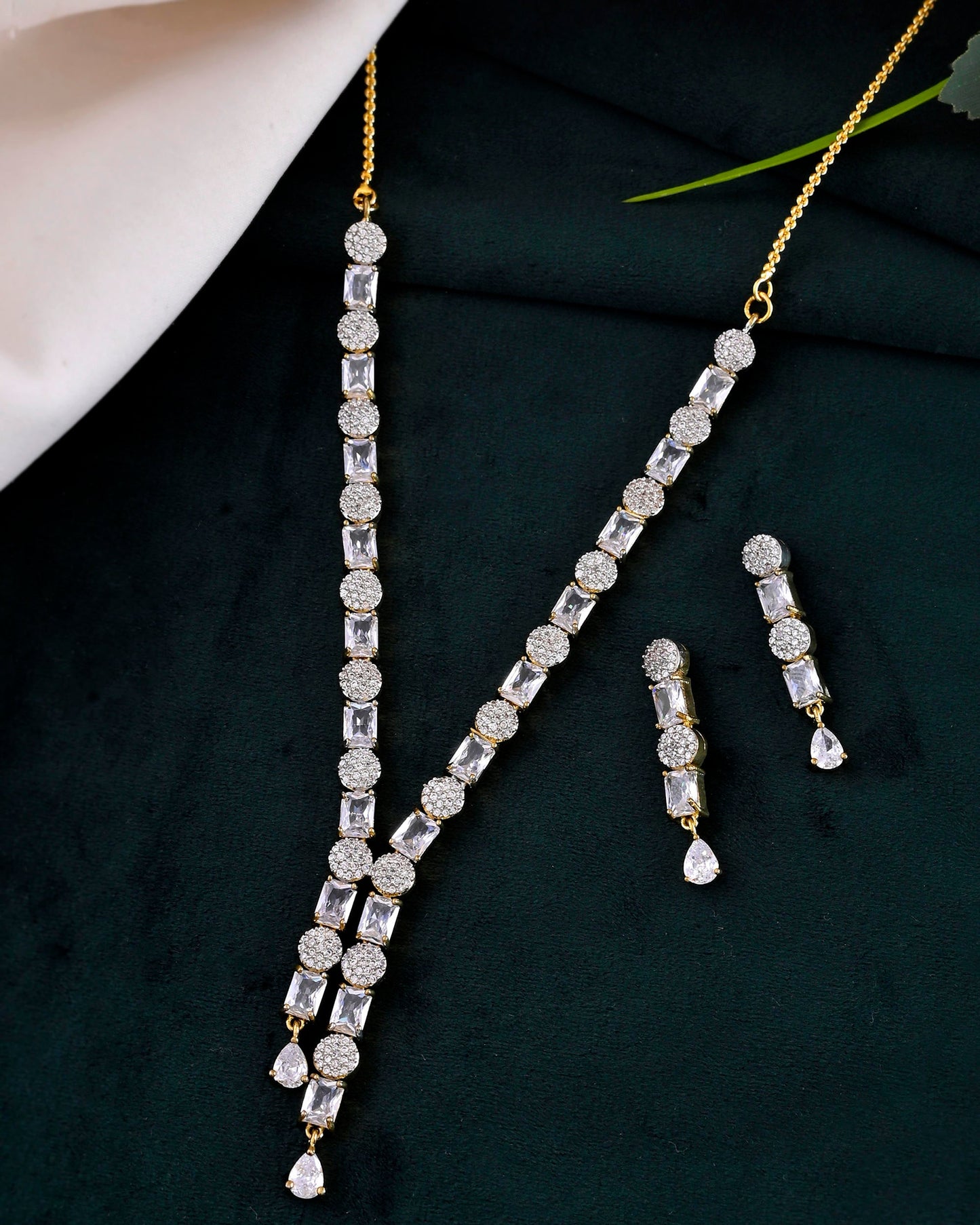 VOJ Gold Toned AD Stone Studded Necklace Set - Swadesiicart