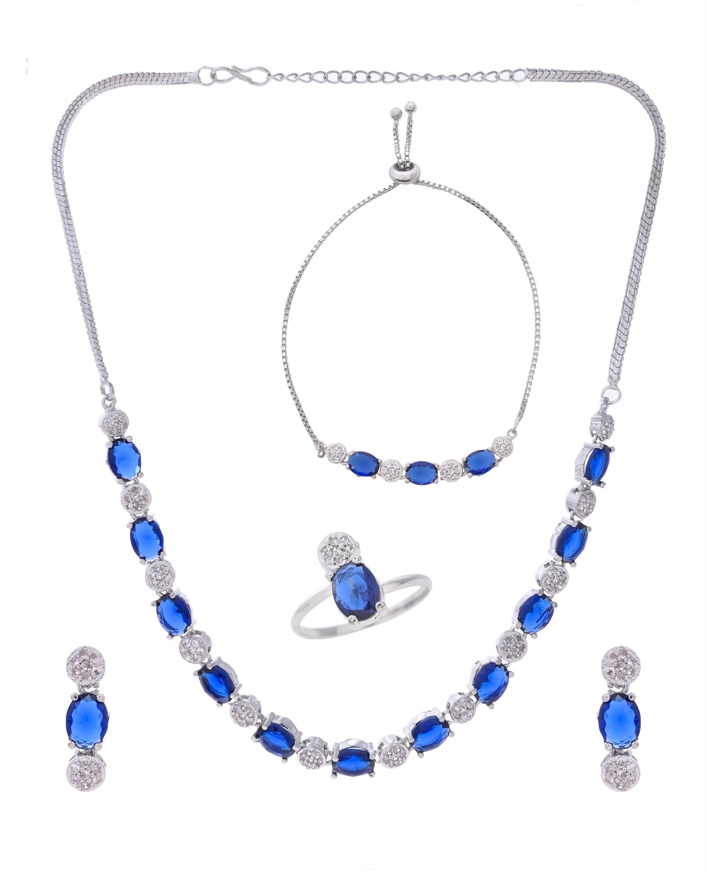 VOJ Silver Plated Blue Stone Studded Necklace Set With Ring And bracelet - Swadesiicart