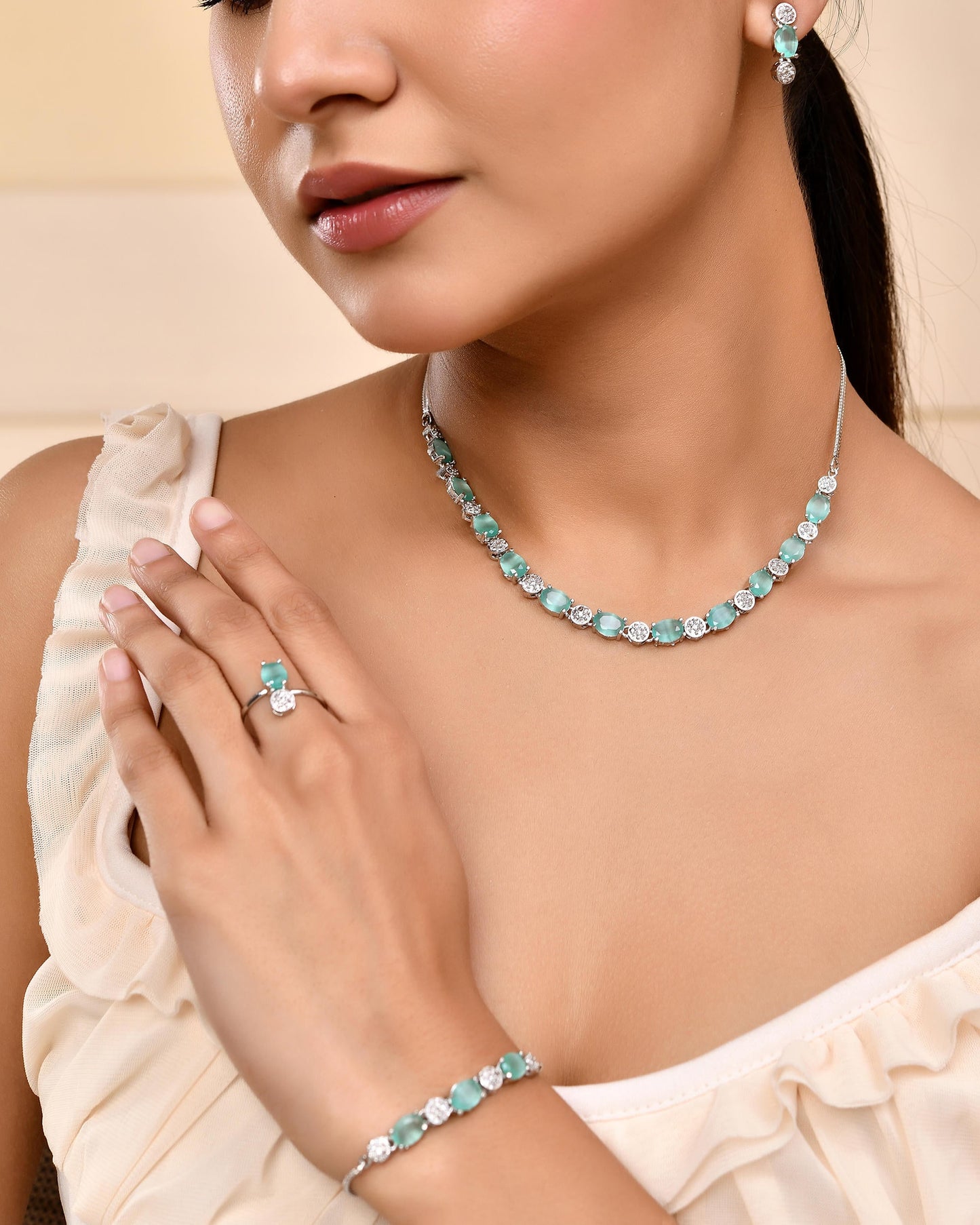VOJ Silver Plated Teal Stone Studded Necklace Set With Ring And bracelet - Swadesiicart
