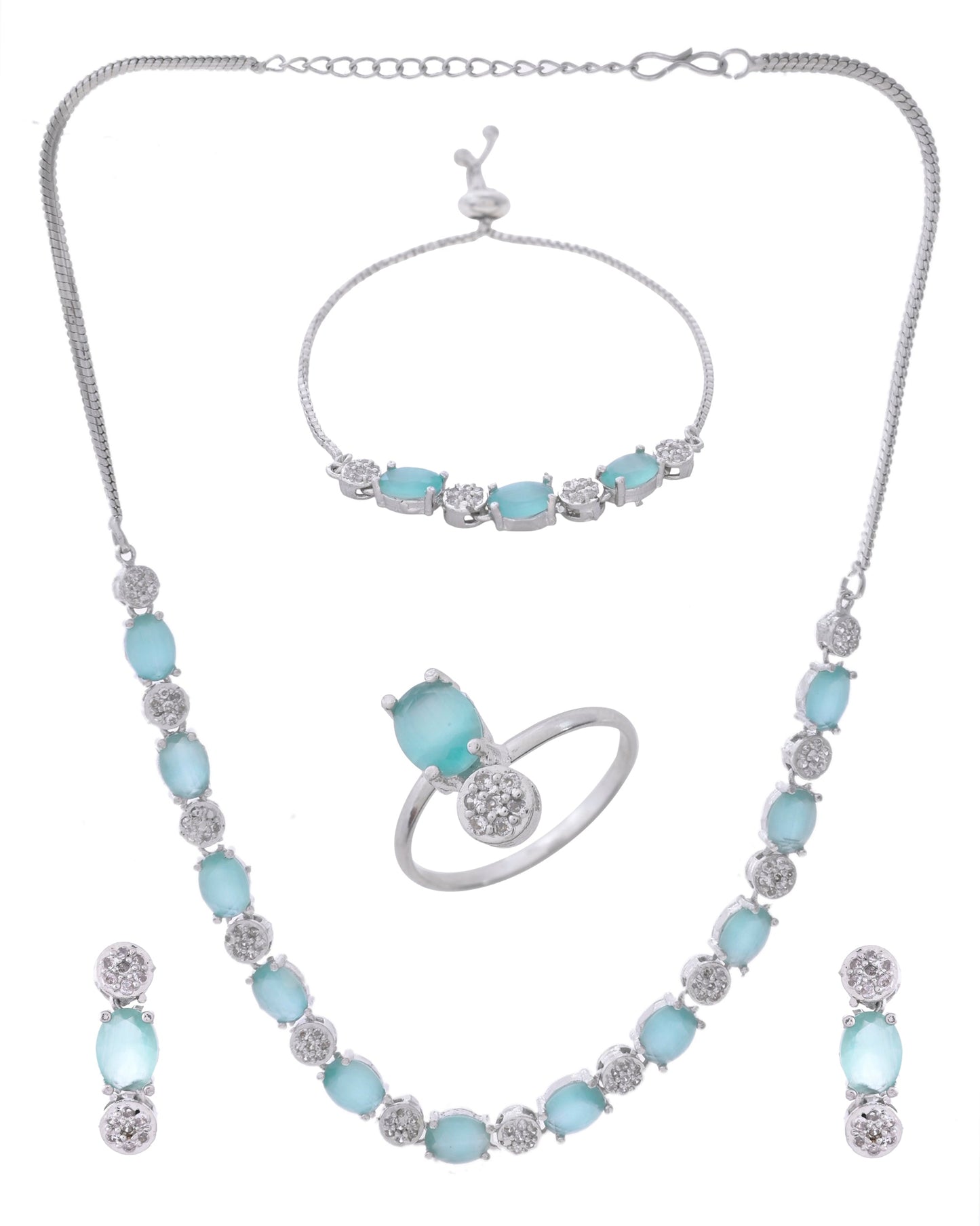 VOJ Silver Plated Teal Stone Studded Necklace Set With Ring And bracelet - Swadesiicart