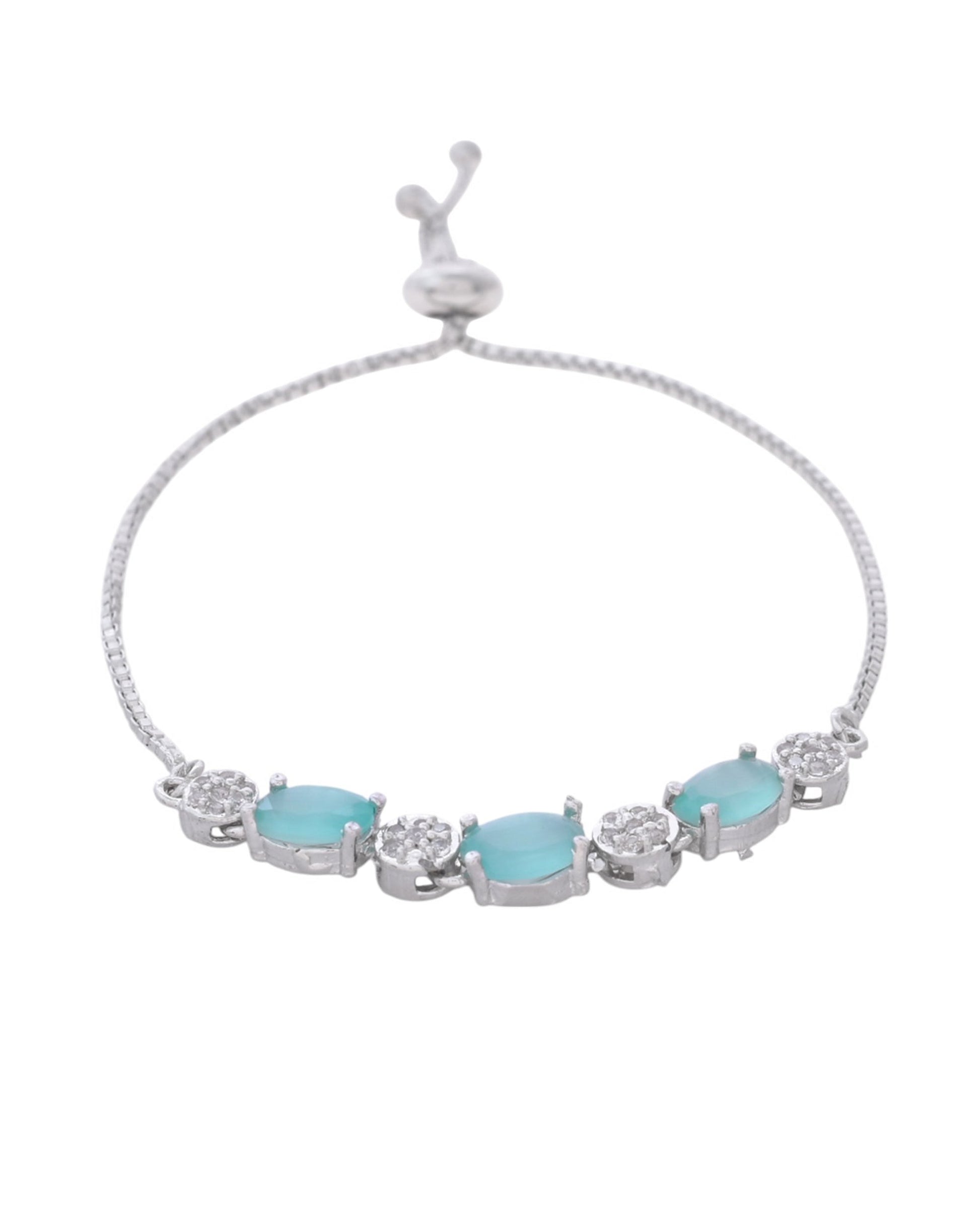 VOJ Silver Plated Teal Stone Studded Necklace Set With Ring And bracelet - Swadesiicart