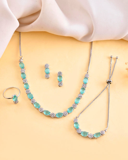 VOJ Silver Plated Teal Stone Studded Necklace Set With Ring And bracelet - Swadesiicart