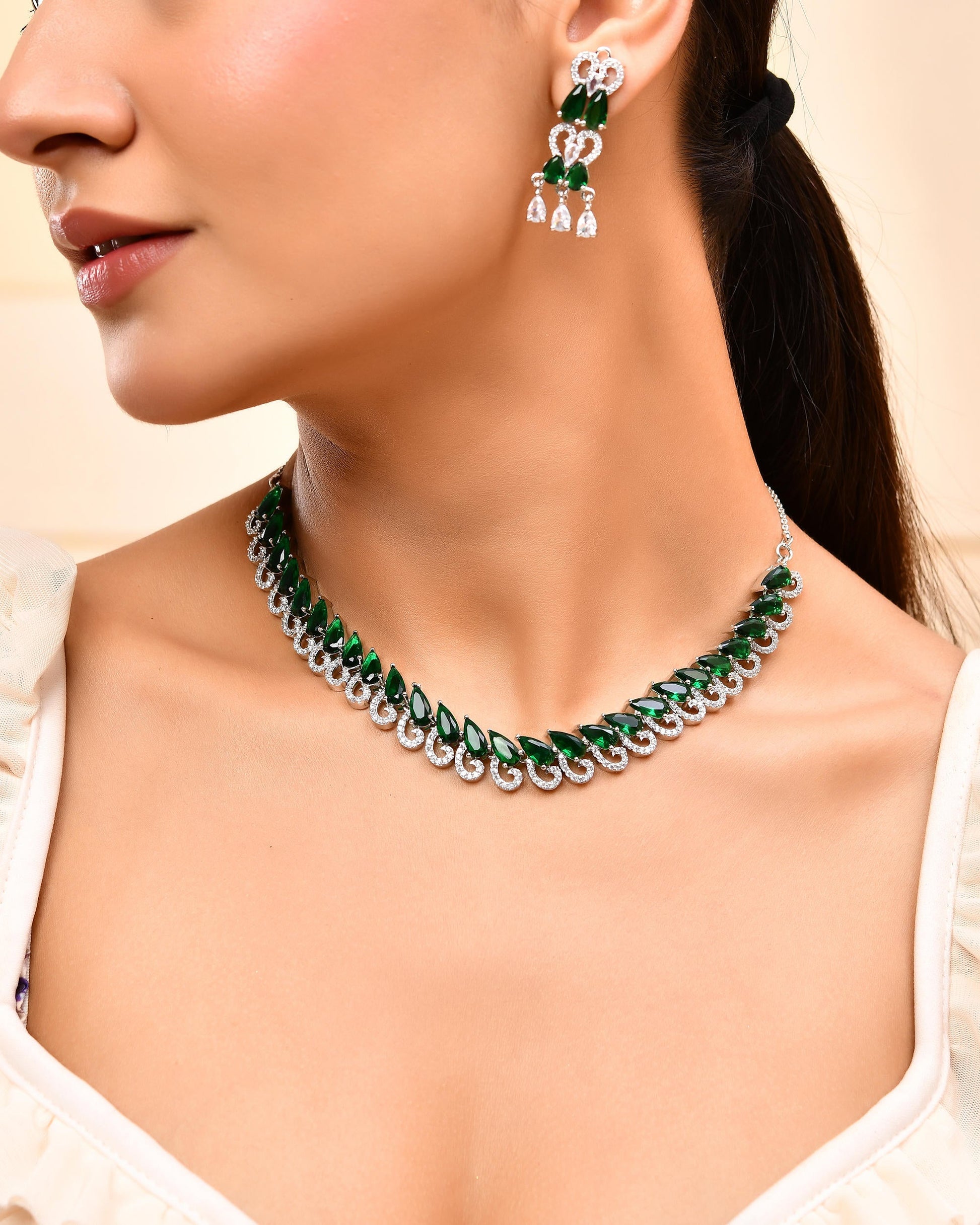 VOJ Silver Plated AD And Green Stone Tear Drop Shaped Necklace Set - Swadesiicart