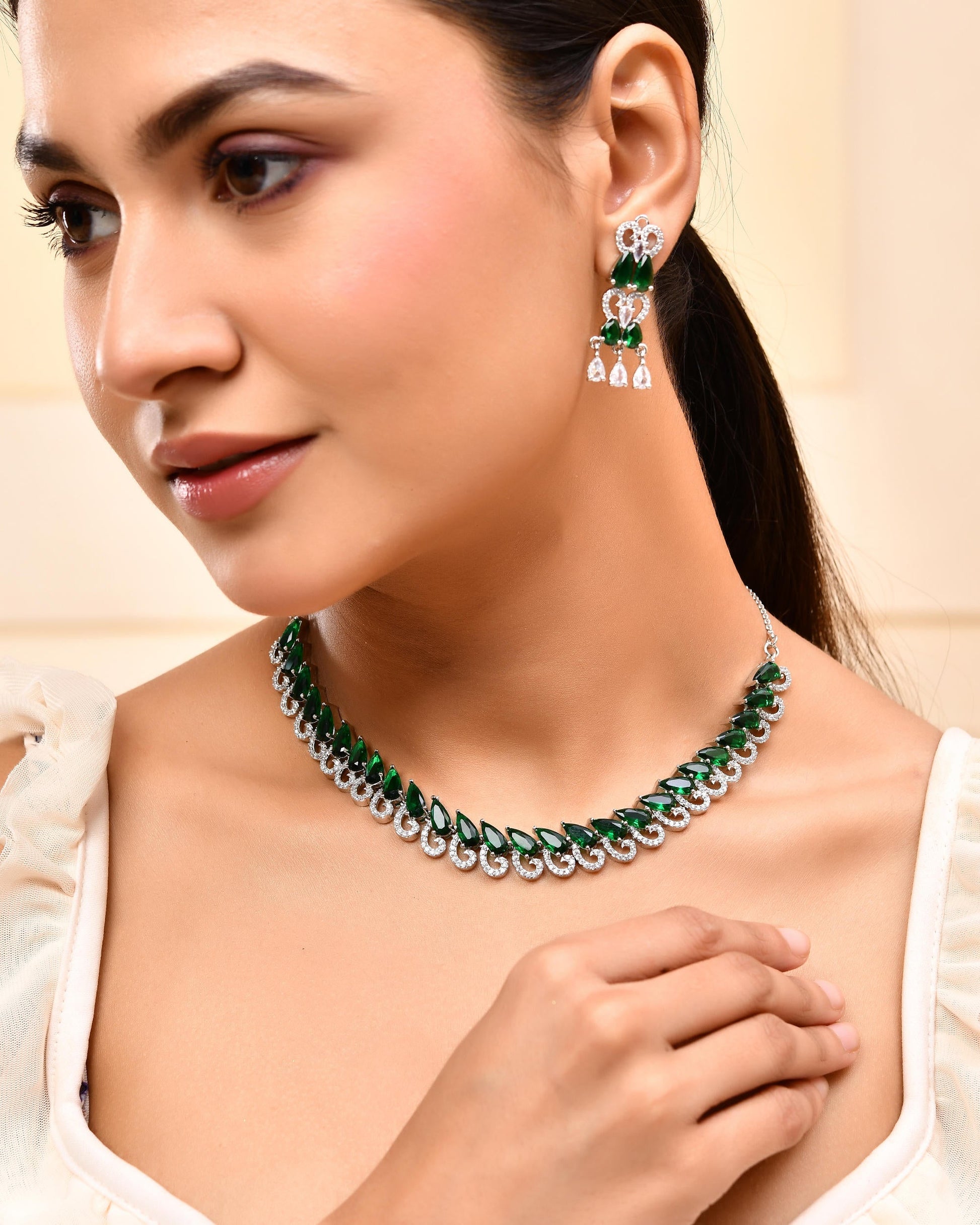 VOJ Silver Plated AD And Green Stone Tear Drop Shaped Necklace Set - Swadesiicart