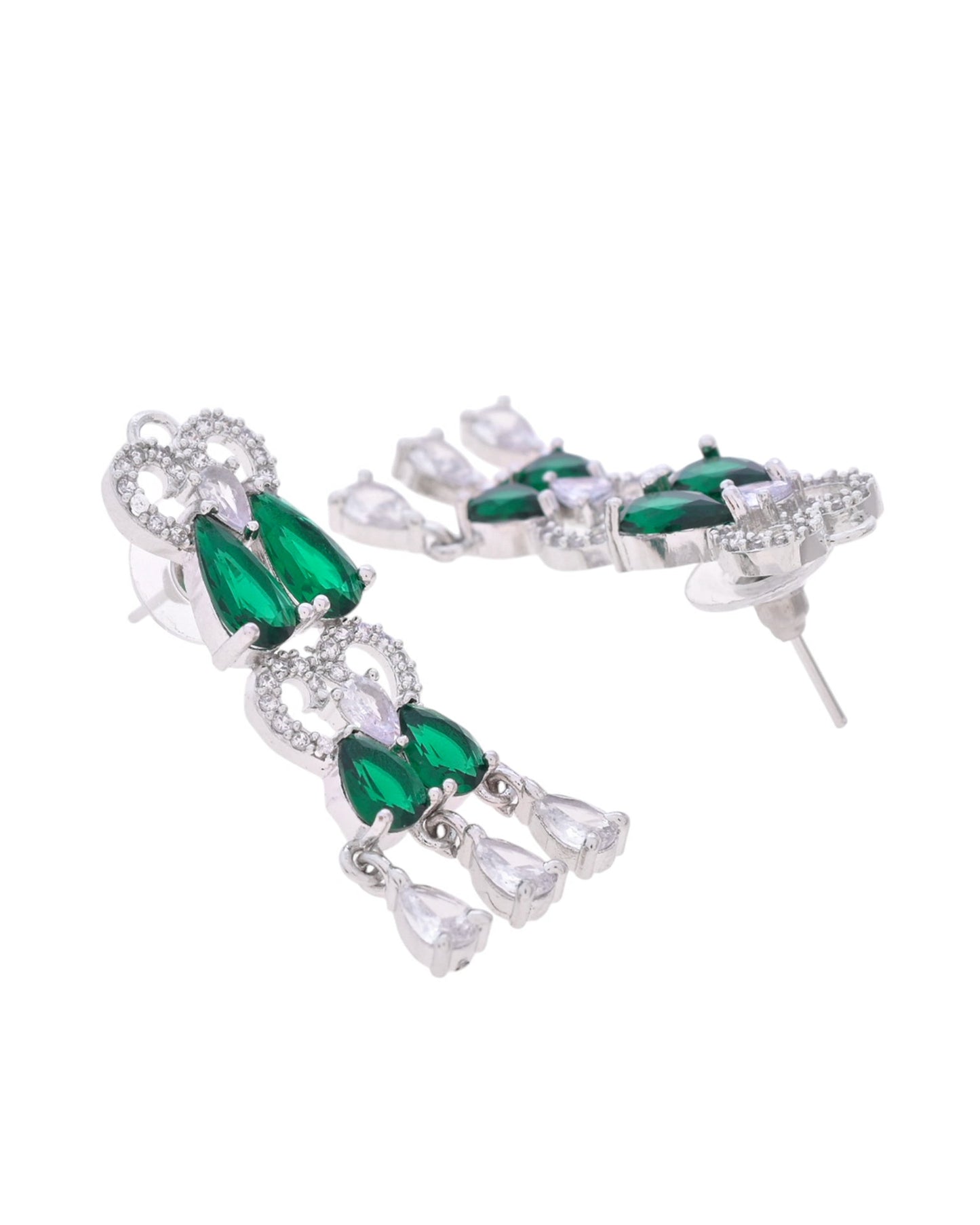 VOJ Silver Plated AD And Green Stone Tear Drop Shaped Necklace Set - Swadesiicart
