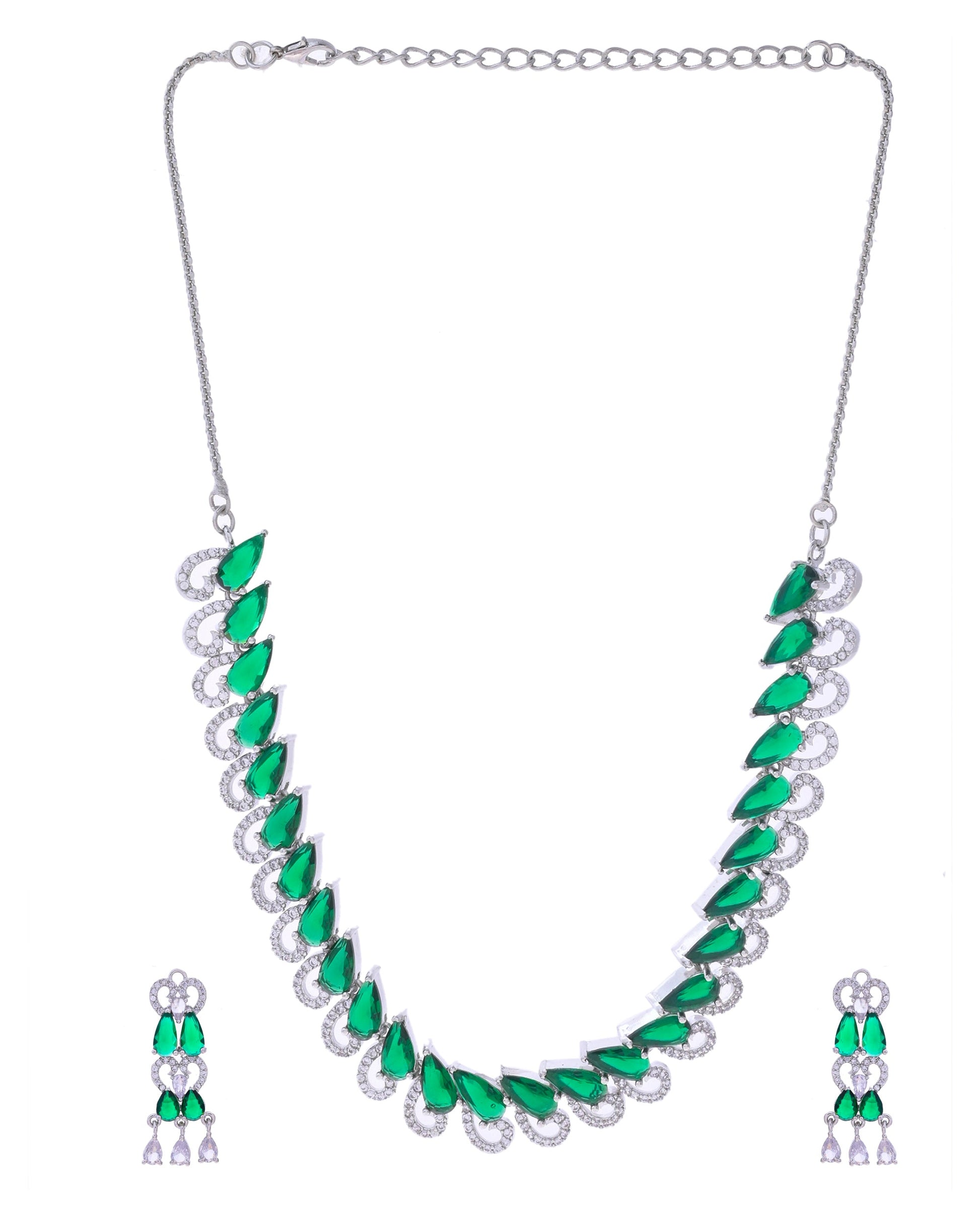 VOJ Silver Plated AD And Green Stone Tear Drop Shaped Necklace Set - Swadesiicart