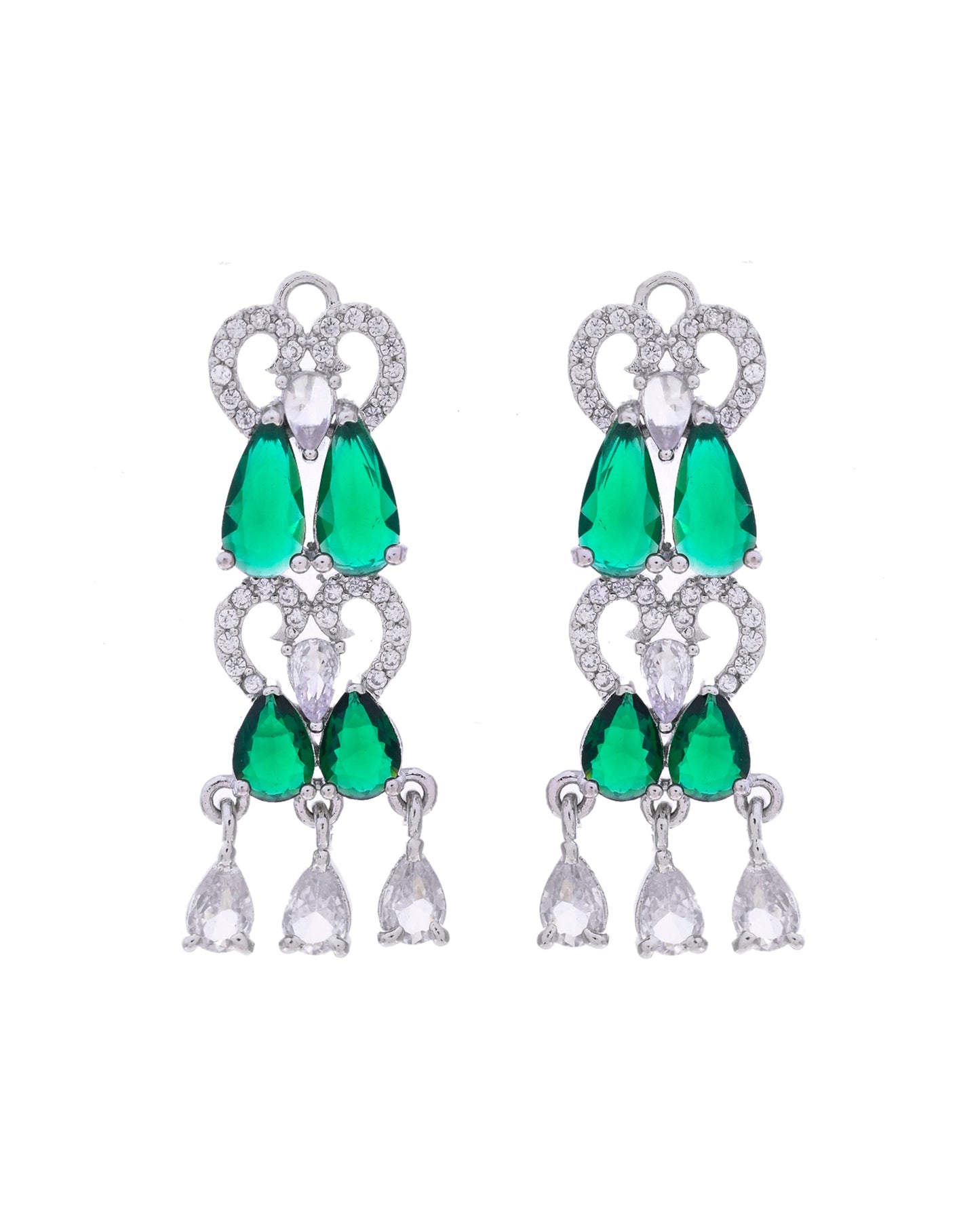 VOJ Silver Plated AD And Green Stone Tear Drop Shaped Necklace Set - Swadesiicart