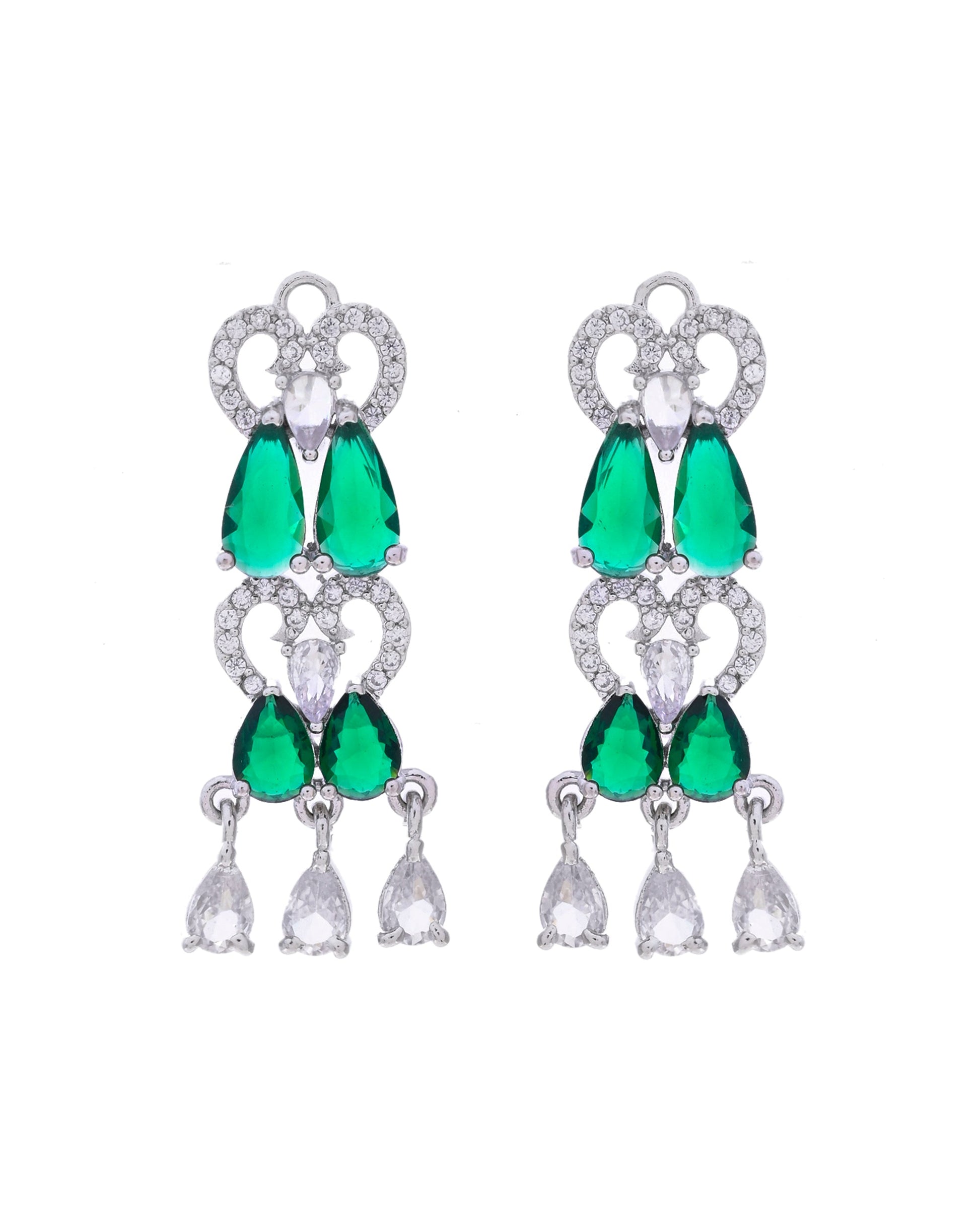 VOJ Silver Plated AD And Green Stone Tear Drop Shaped Necklace Set - Swadesiicart