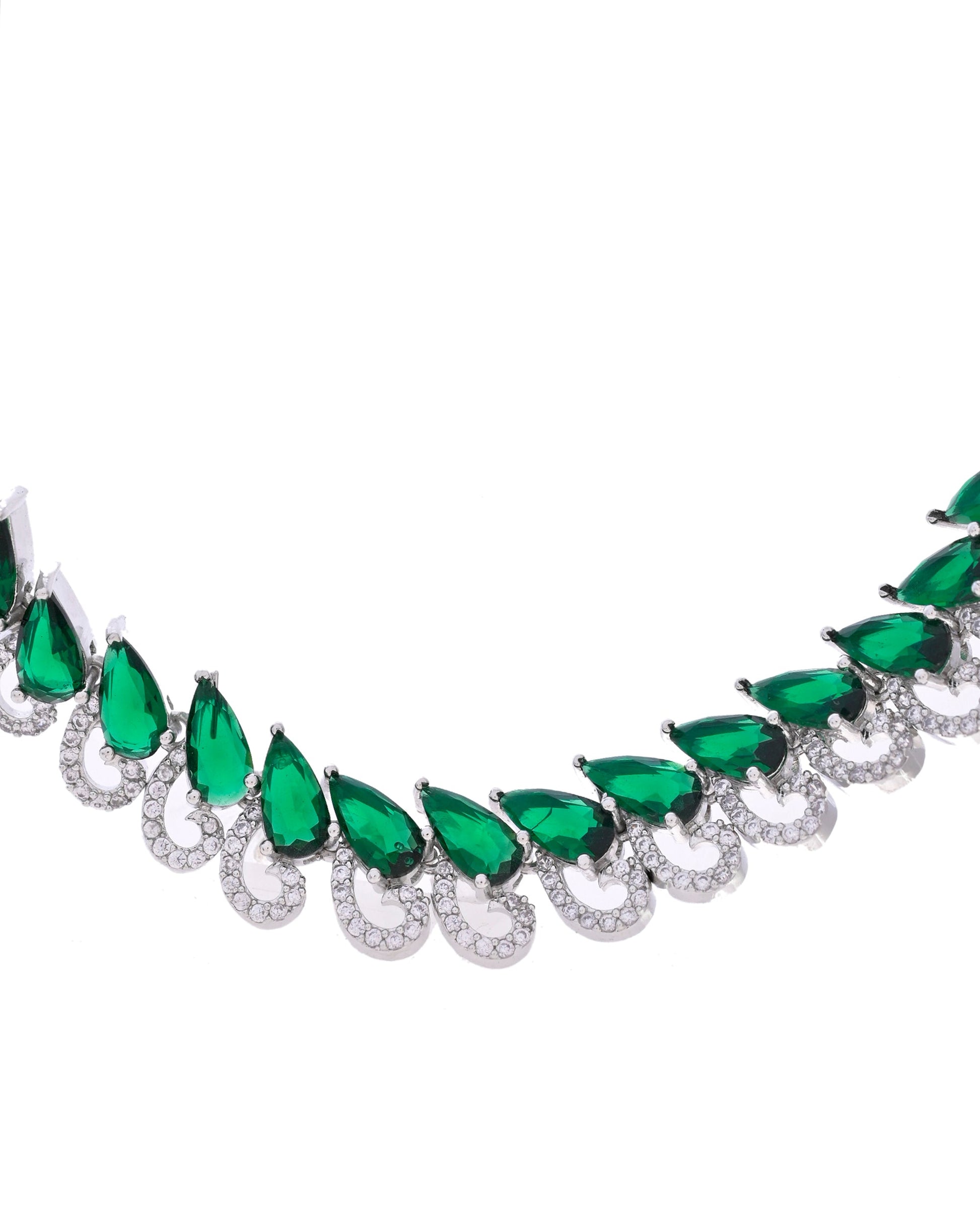 VOJ Silver Plated AD And Green Stone Tear Drop Shaped Necklace Set - Swadesiicart