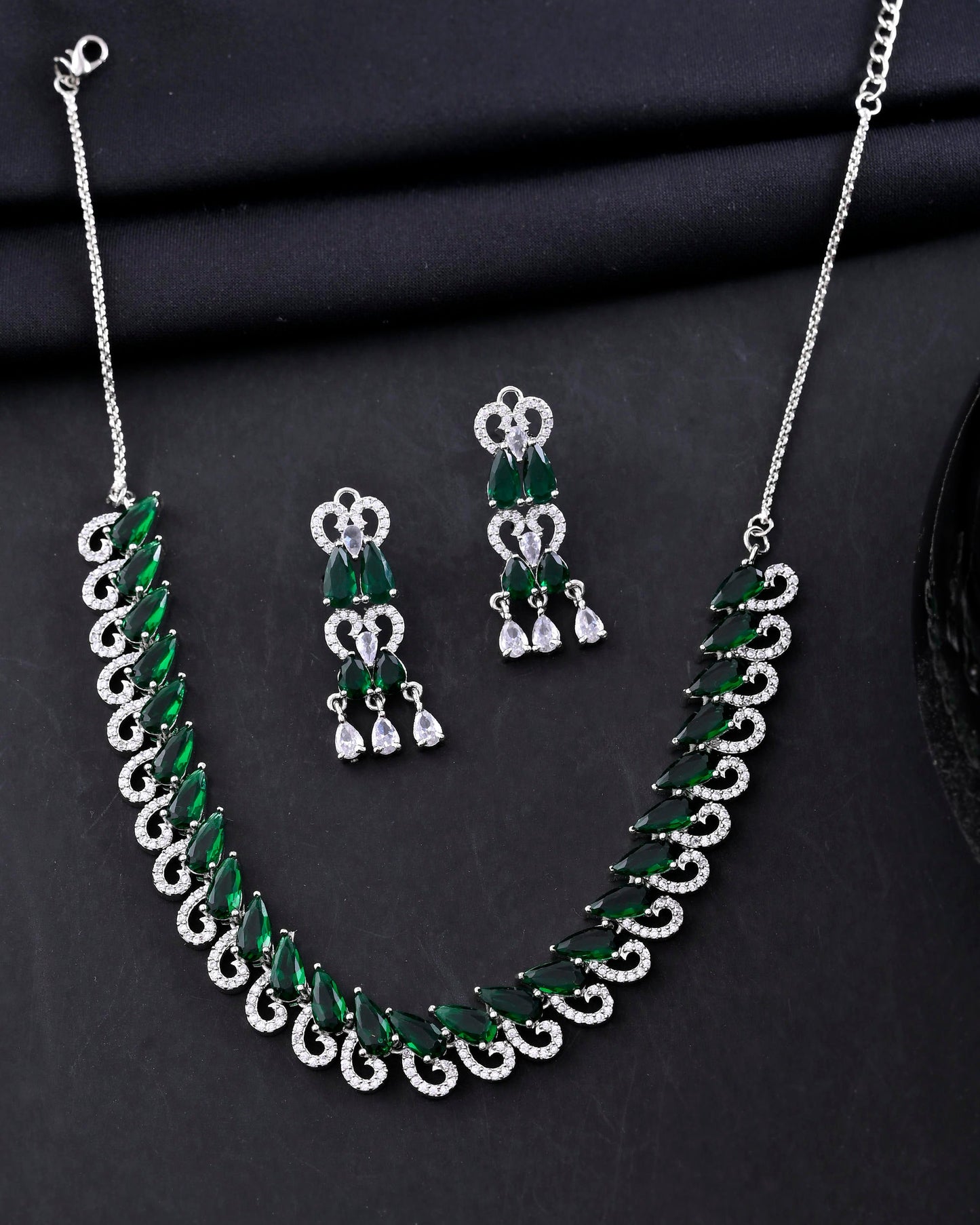 VOJ Silver Plated AD And Green Stone Tear Drop Shaped Necklace Set - Swadesiicart