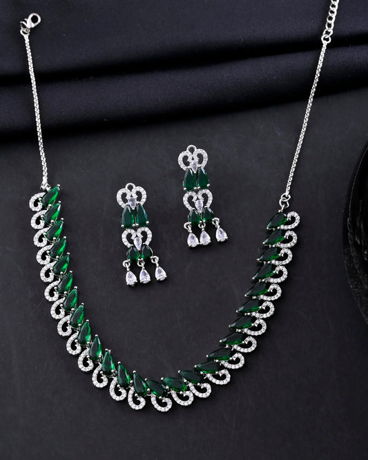 VOJ Silver Plated AD And Green Stone Tear Drop Shaped Necklace Set - Swadesiicart