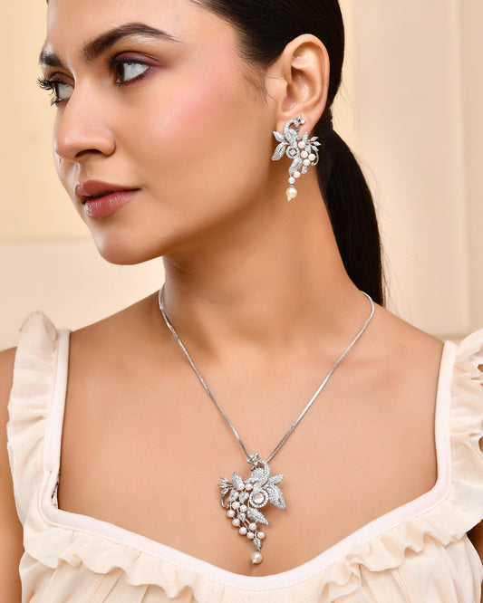 VOJ Silver Plated AD And Pear Studded Peacock Shaped Chain Set - Swadesiicart