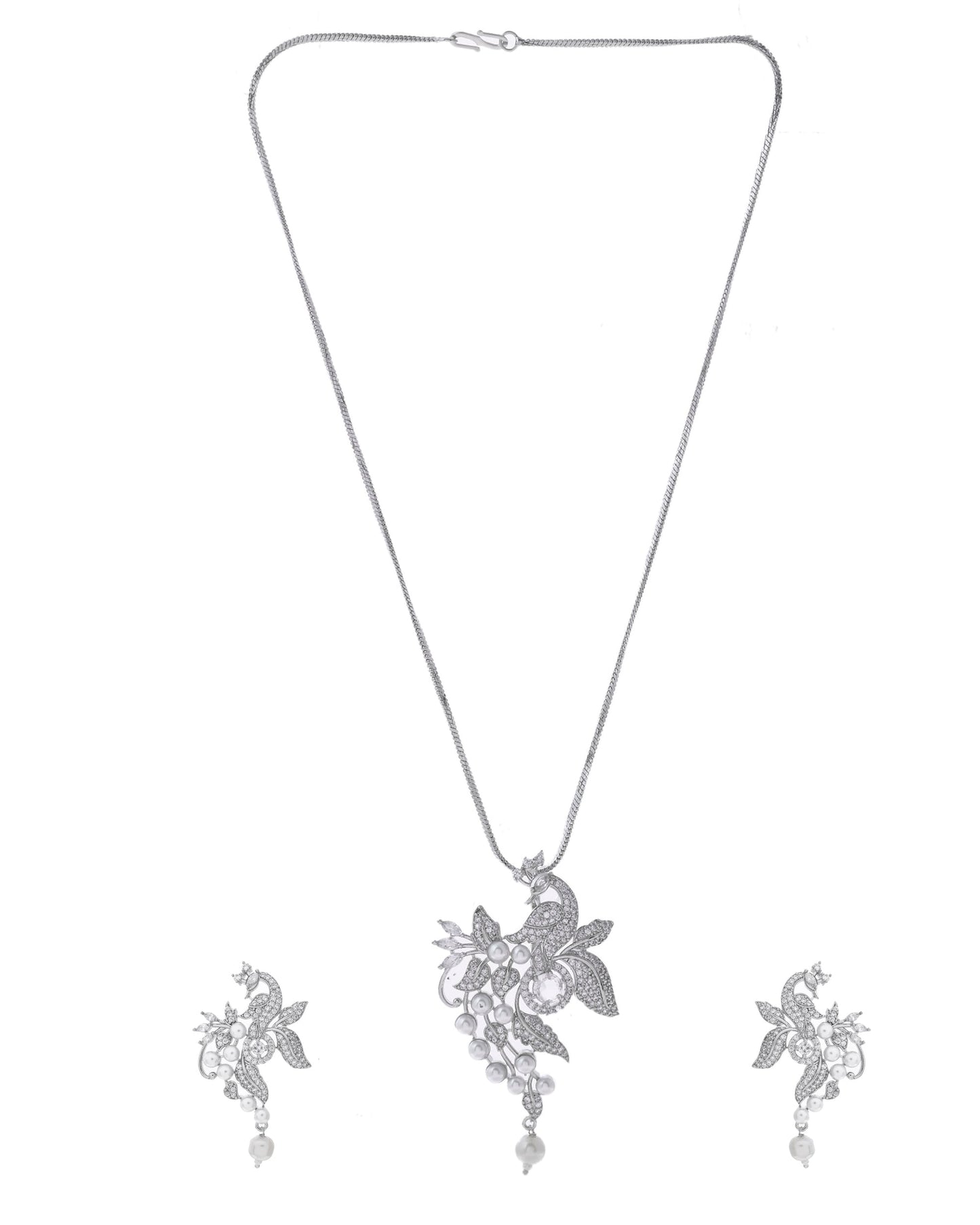 VOJ Silver Plated AD And Pear Studded Peacock Shaped Chain Set - Swadesiicart