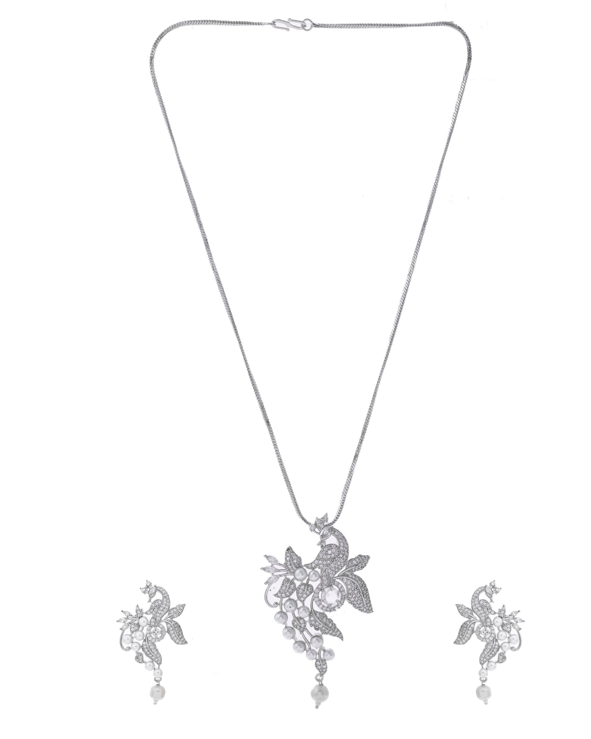 VOJ Silver Plated AD And Pear Studded Peacock Shaped Chain Set - Swadesiicart