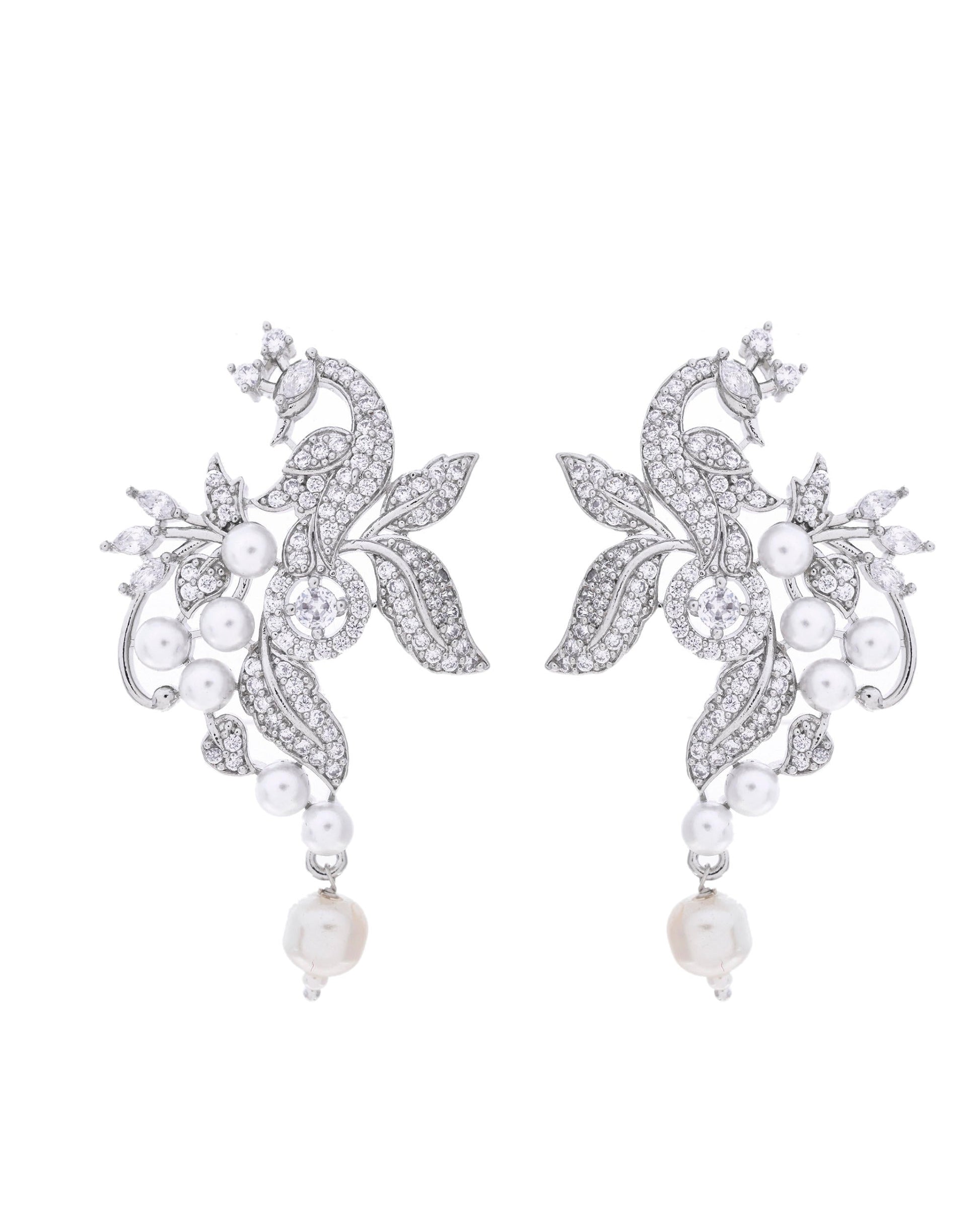 VOJ Silver Plated AD And Pear Studded Peacock Shaped Chain Set - Swadesiicart