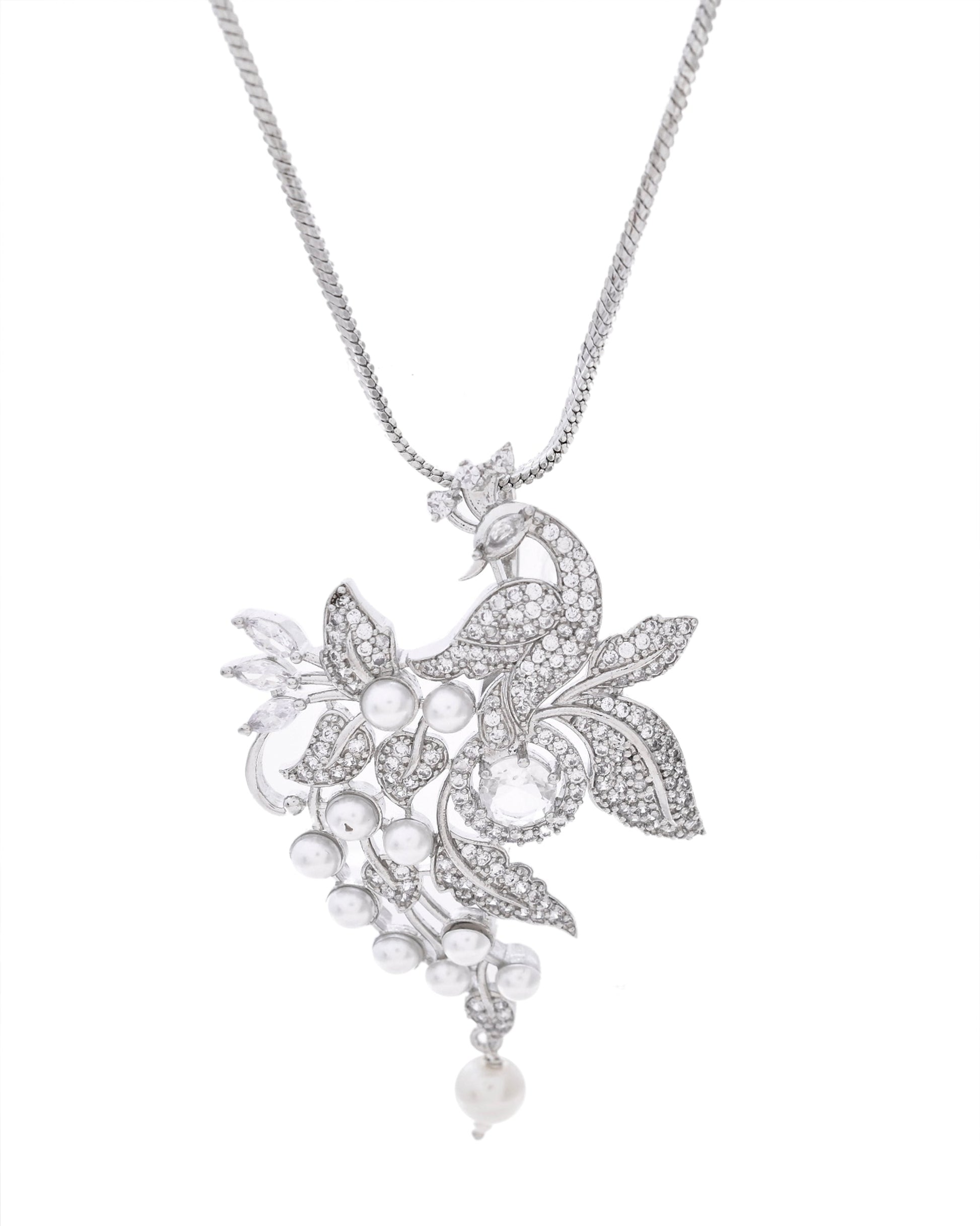 VOJ Silver Plated AD And Pear Studded Peacock Shaped Chain Set - Swadesiicart
