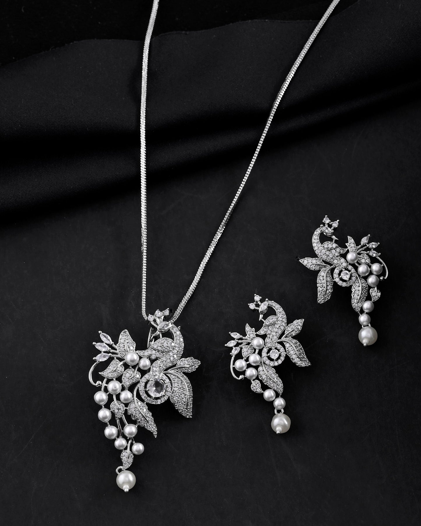 VOJ Silver Plated AD And Pear Studded Peacock Shaped Chain Set - Swadesiicart