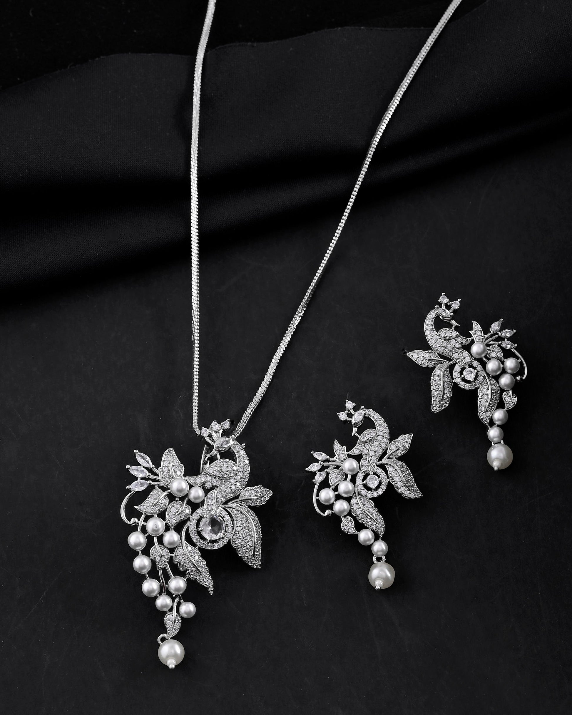 VOJ Silver Plated AD And Pear Studded Peacock Shaped Chain Set - Swadesiicart