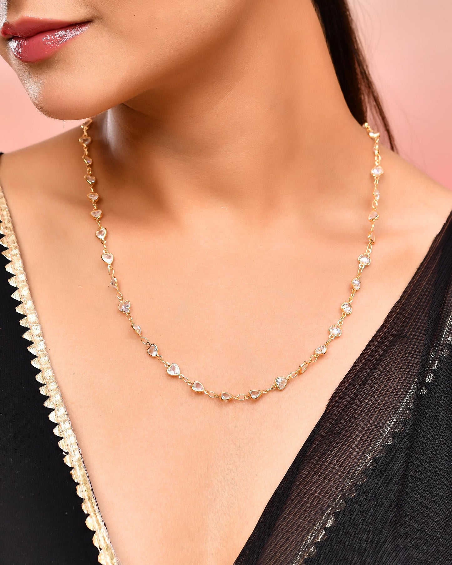 VOJ Women Gold-Polished Heart Shaped Stone Studded Chain | Swadesiicart