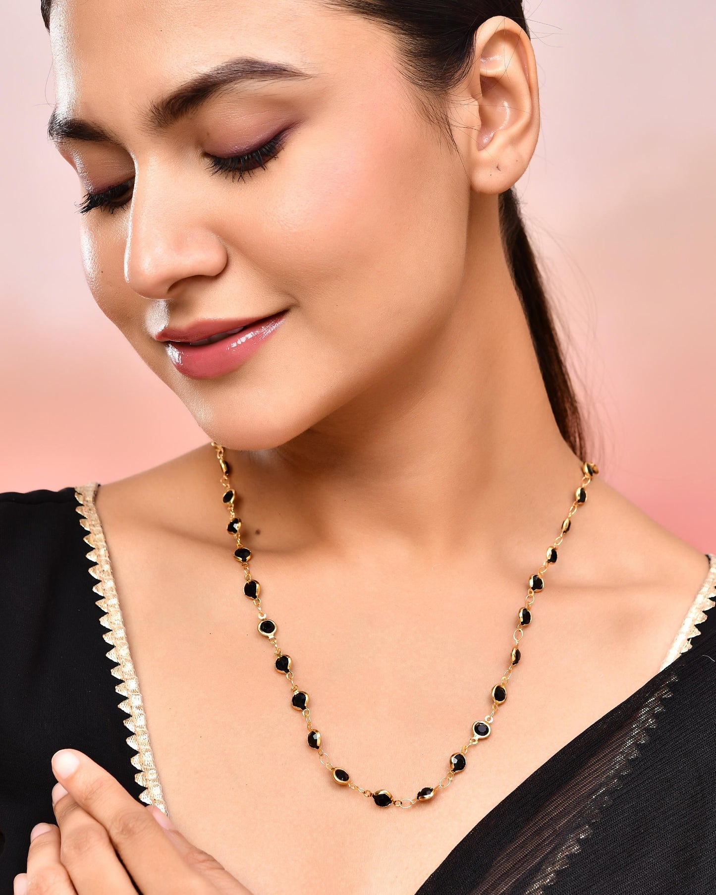 VOJ Gold-Polished Black Stone Studded Women Chain - Swadesiicart