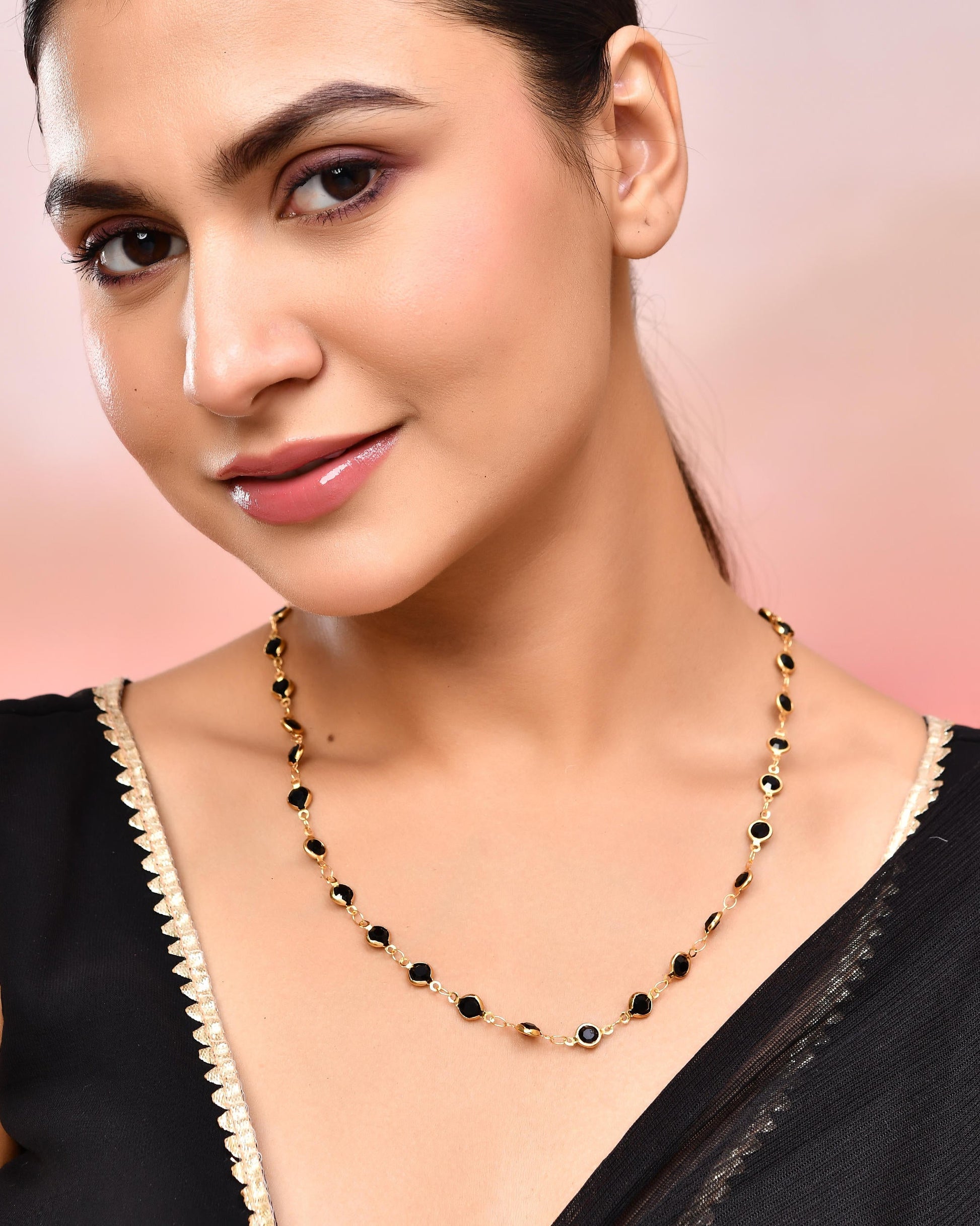 VOJ Gold-Polished Black Stone Studded Women Chain - Swadesiicart
