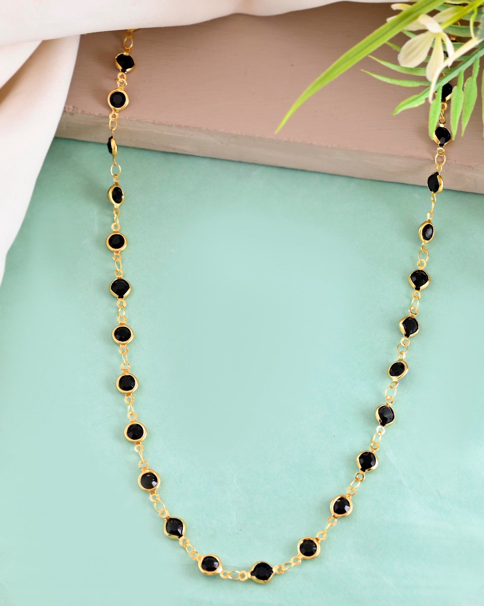 VOJ Gold-Polished Black Stone Studded Women Chain - Swadesiicart