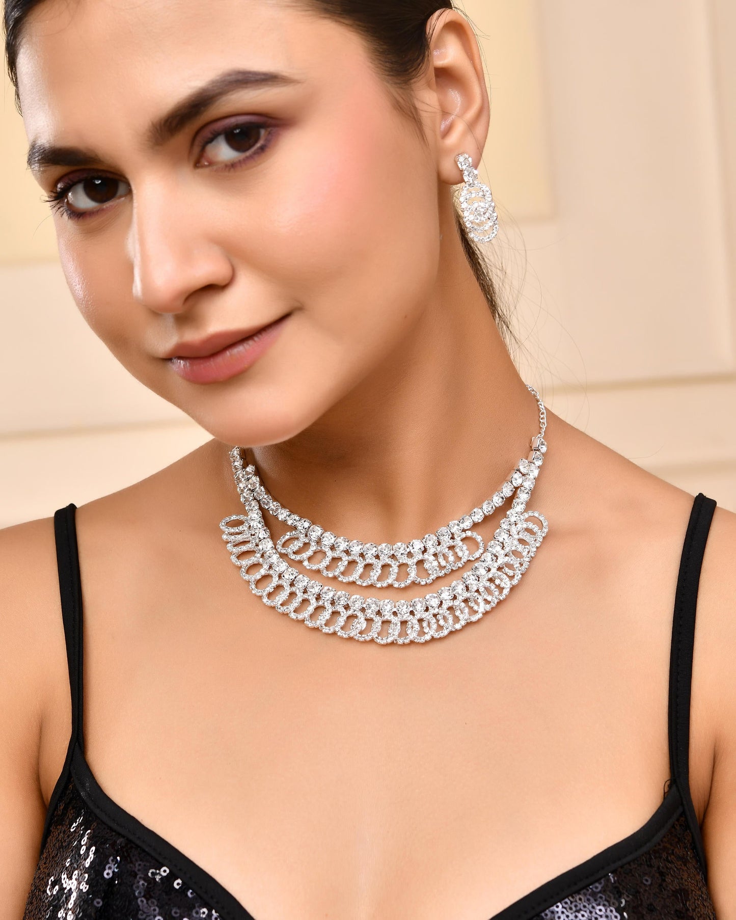 VOJ Silver Plated Stone Studded Circular Mutli Layer Necklace Set - Swadesiicart