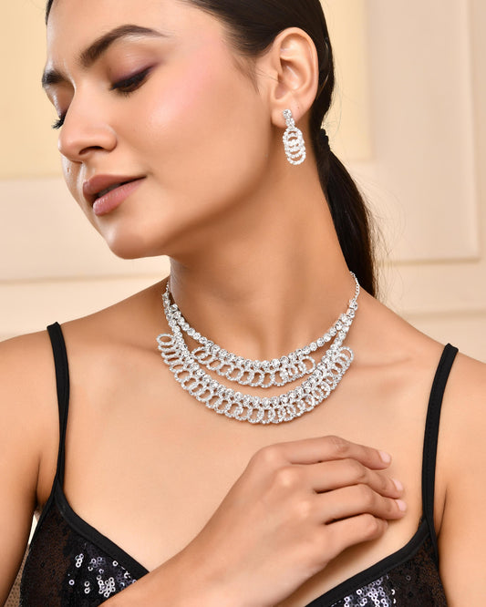 VOJ Silver Plated Stone Studded Circular Mutli Layer Necklace Set - Swadesiicart