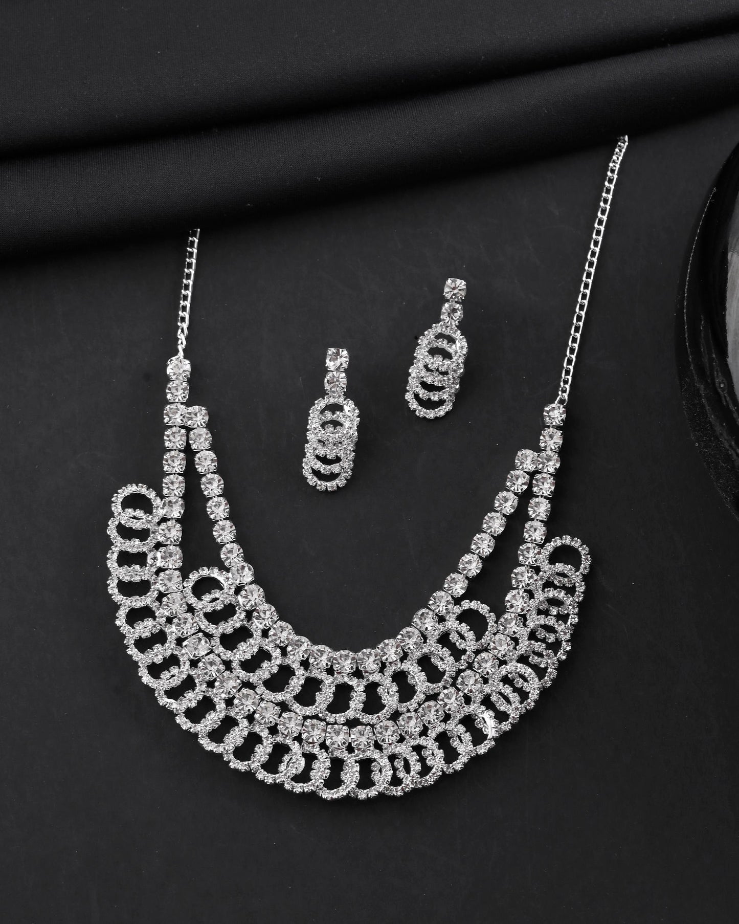 VOJ Silver Plated Stone Studded Circular Mutli Layer Necklace Set - Swadesiicart
