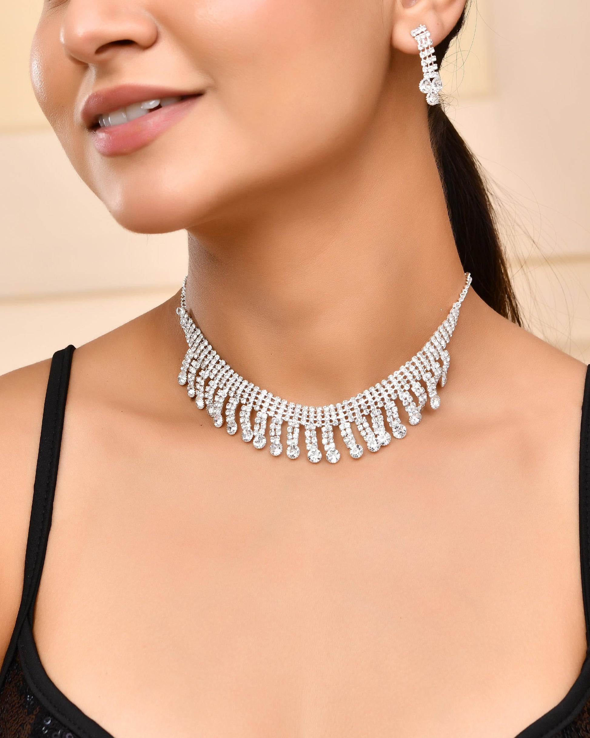 VOJ Silver Plated CZ Stone Studded Necklace Set - Swadesiicart