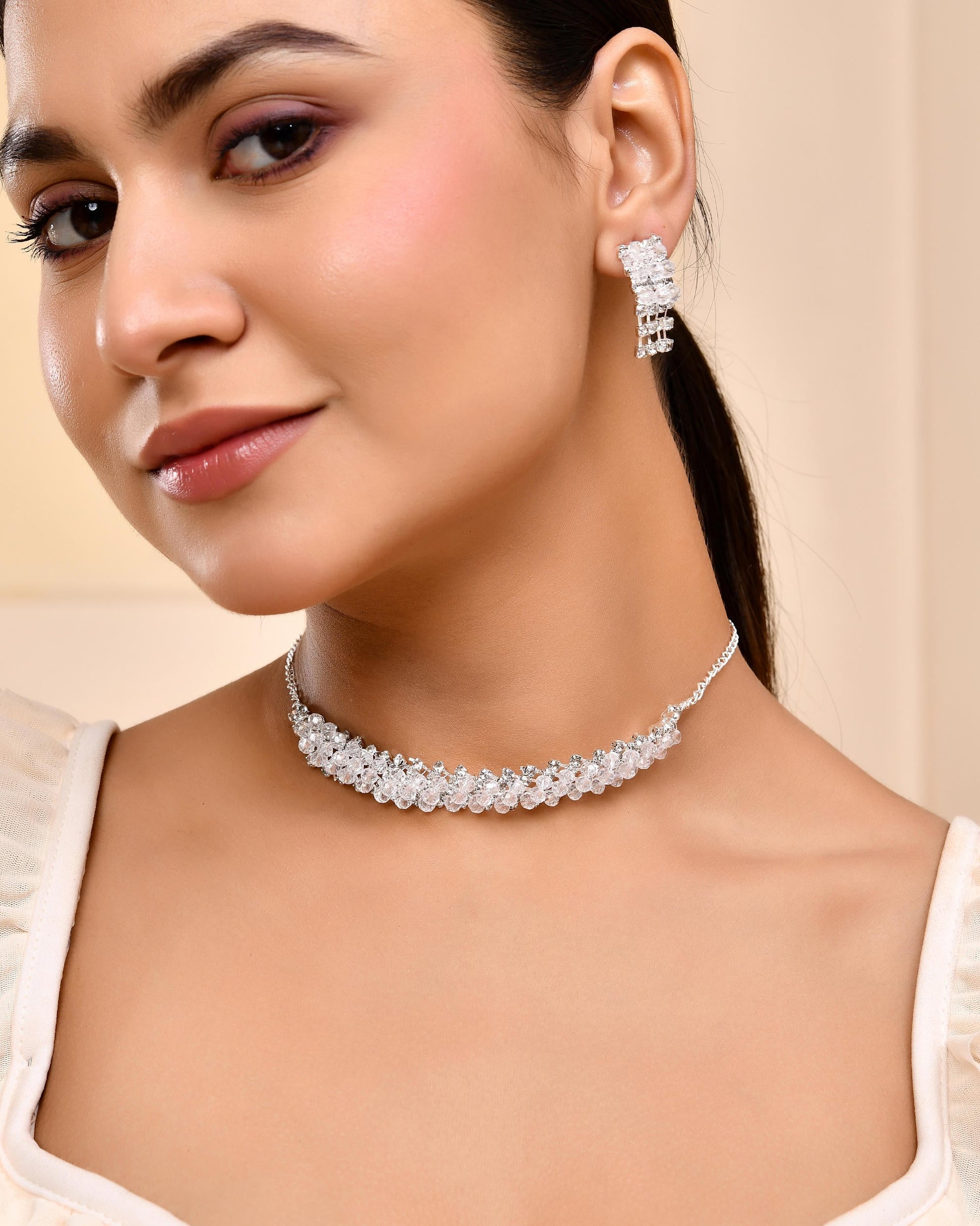 VOJ Silver Plated Stone Studded Necklace Set - Swadesiicart